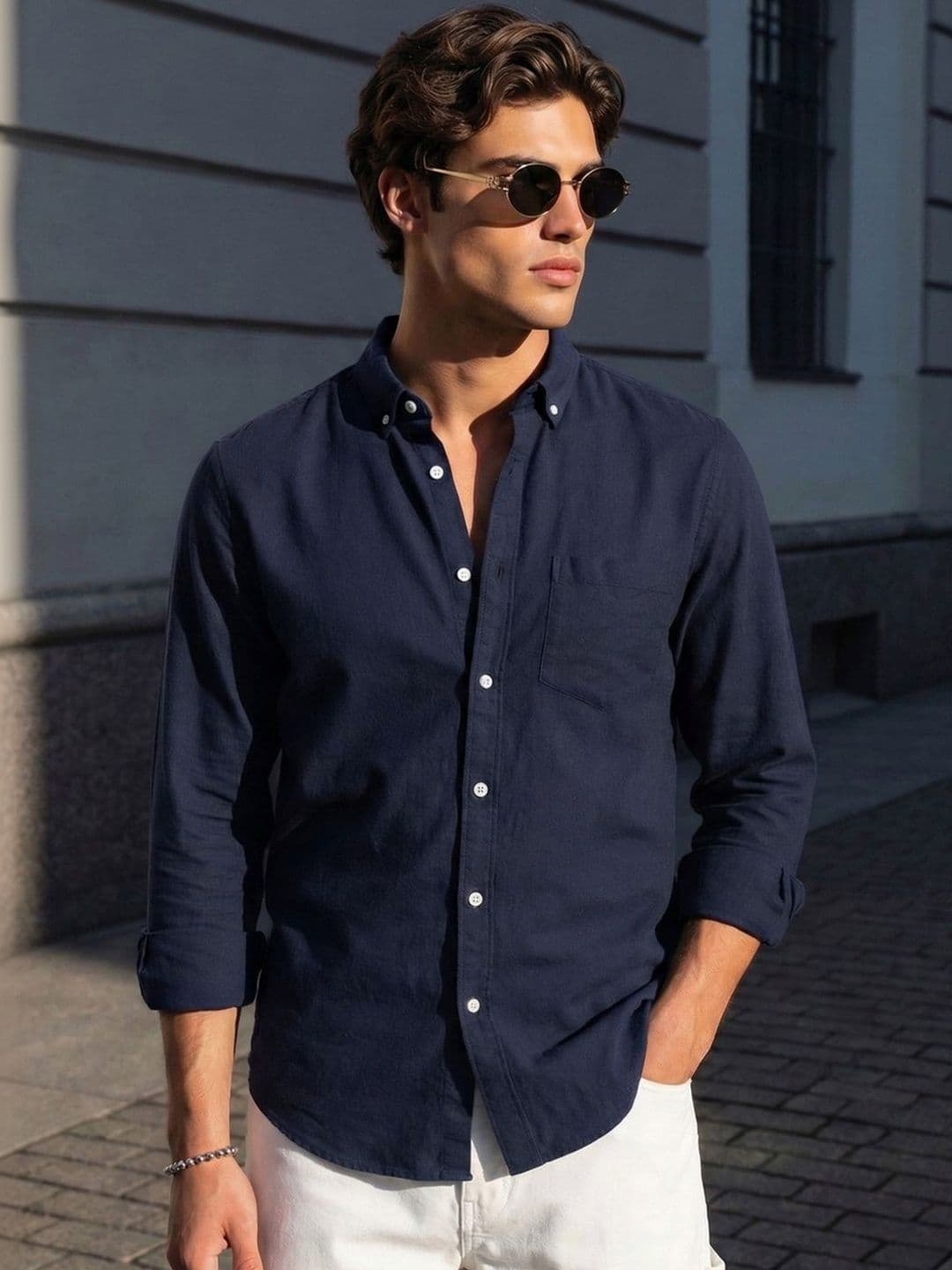 Urbano Fashion Men's Navy Cotton Full Sleeve Regular Fit Oxford Button-down Collar Shirts - view 1