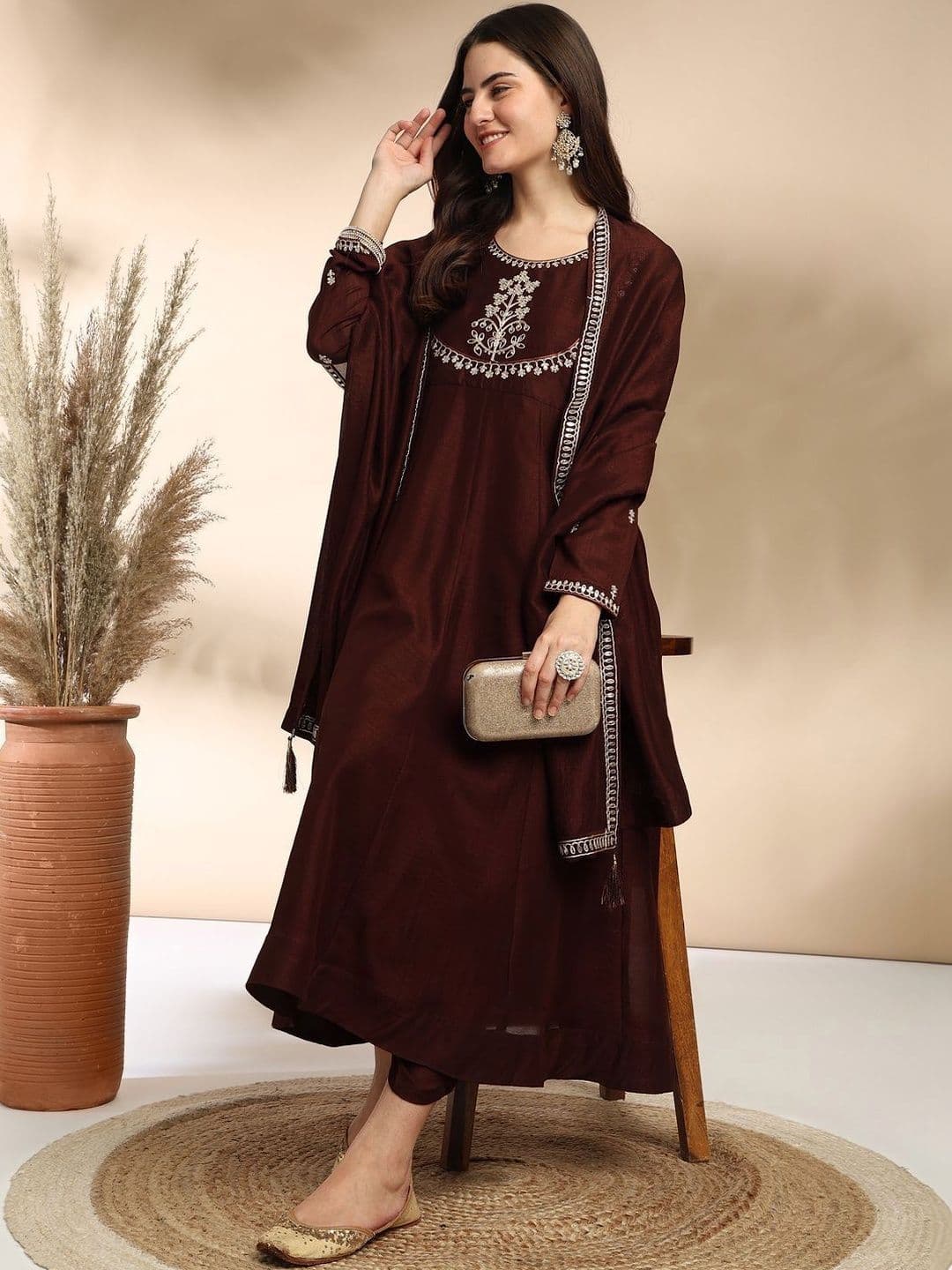HERE&NOW Women Embroidered Regular Sequinned Kurta with Trousers & With Dupatta - view 1