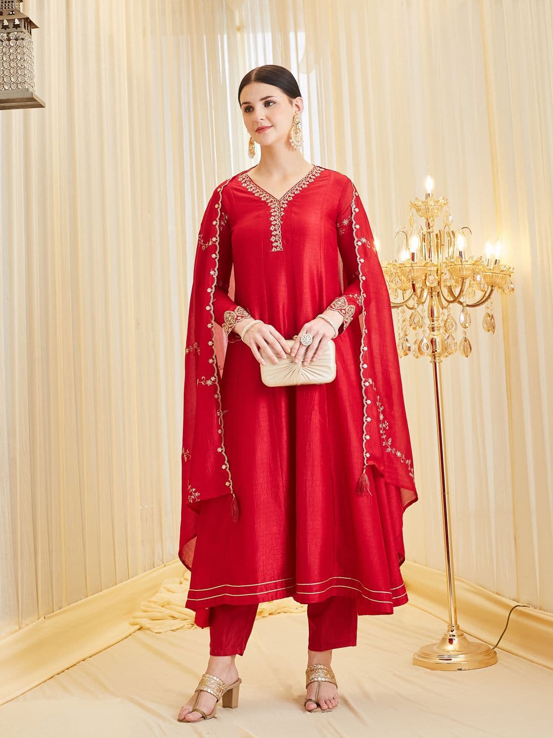 MOKOSH Women Silk Embroidered Anarkali Kurta And Pant Set With Dupatta - view 1