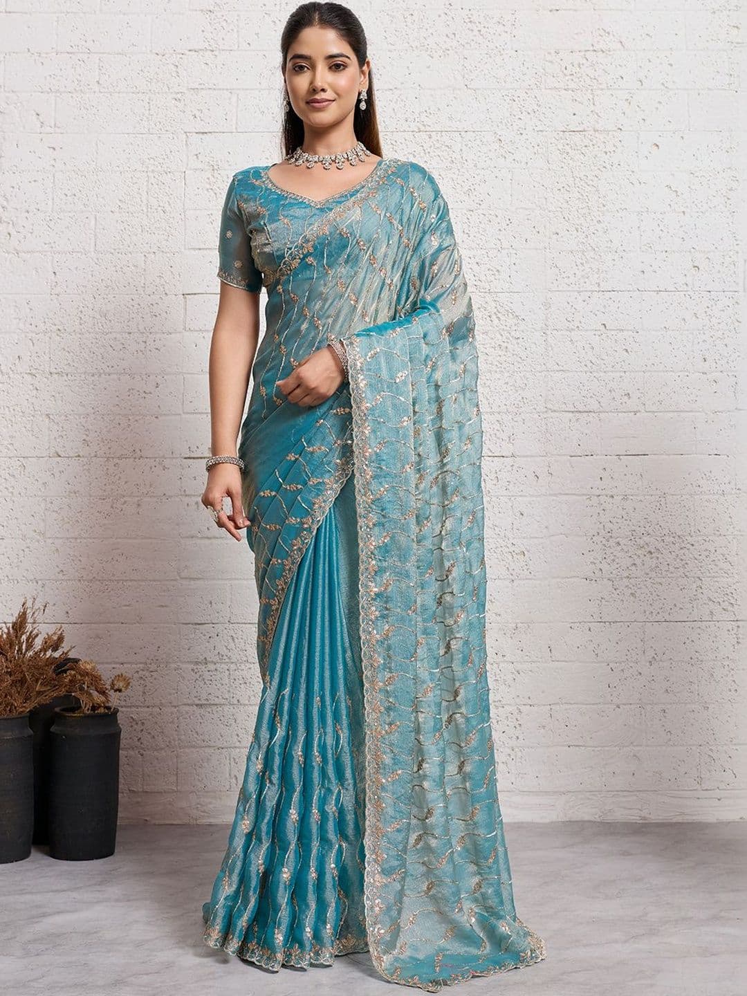 HERE&NOW Womens Sky Blue Embroidered Organza Blouse Piece & Sarees - view 1