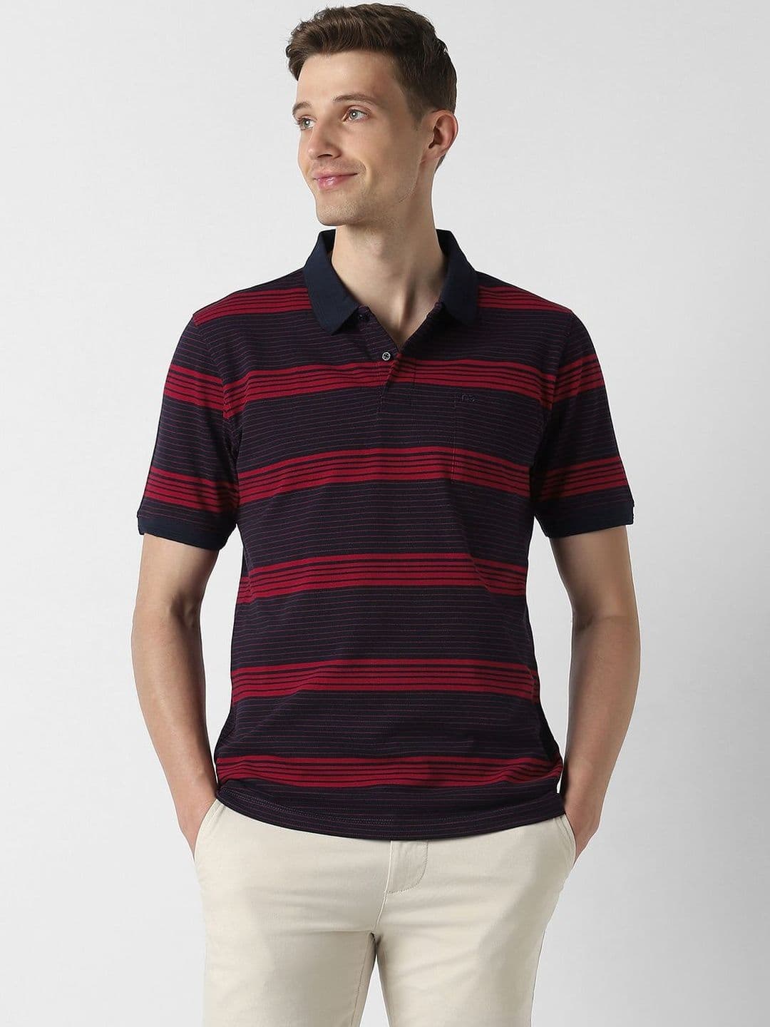 Peter England Casuals Men Navy Stripe Polo Neck Tshirts - view 1