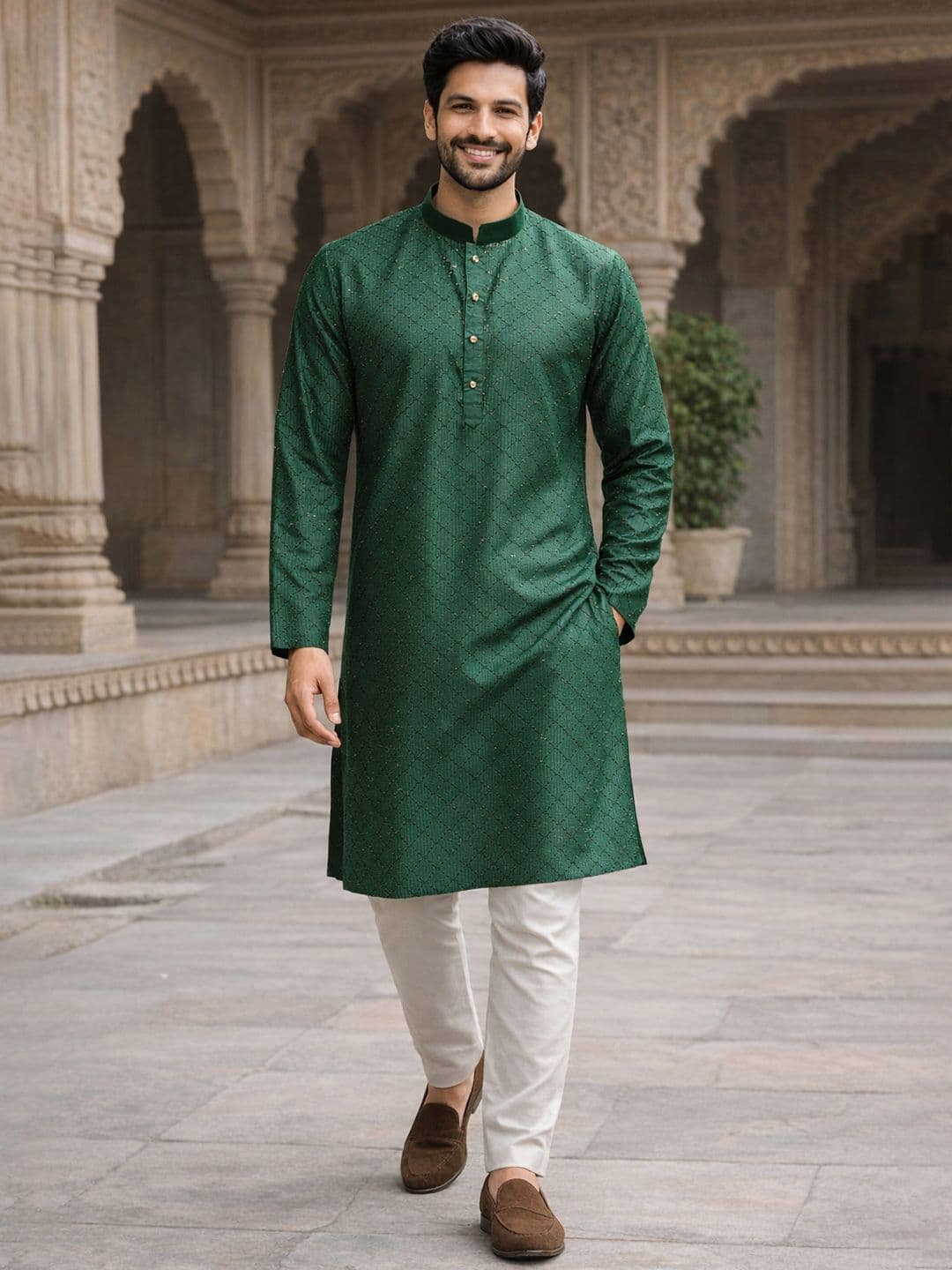 House of Pataudi Green Embroidered Mandarin Collar Long Sleeve Sequins Straight Kurtas - view 1
