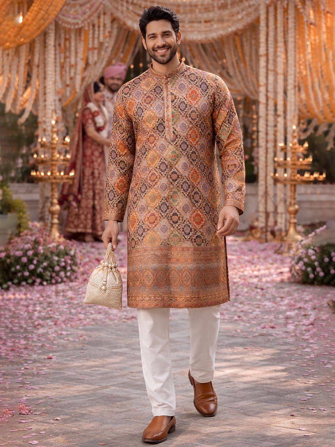 House of Pataudi Printed Mandarin Collar Knee Length Straight Kurta - view 1