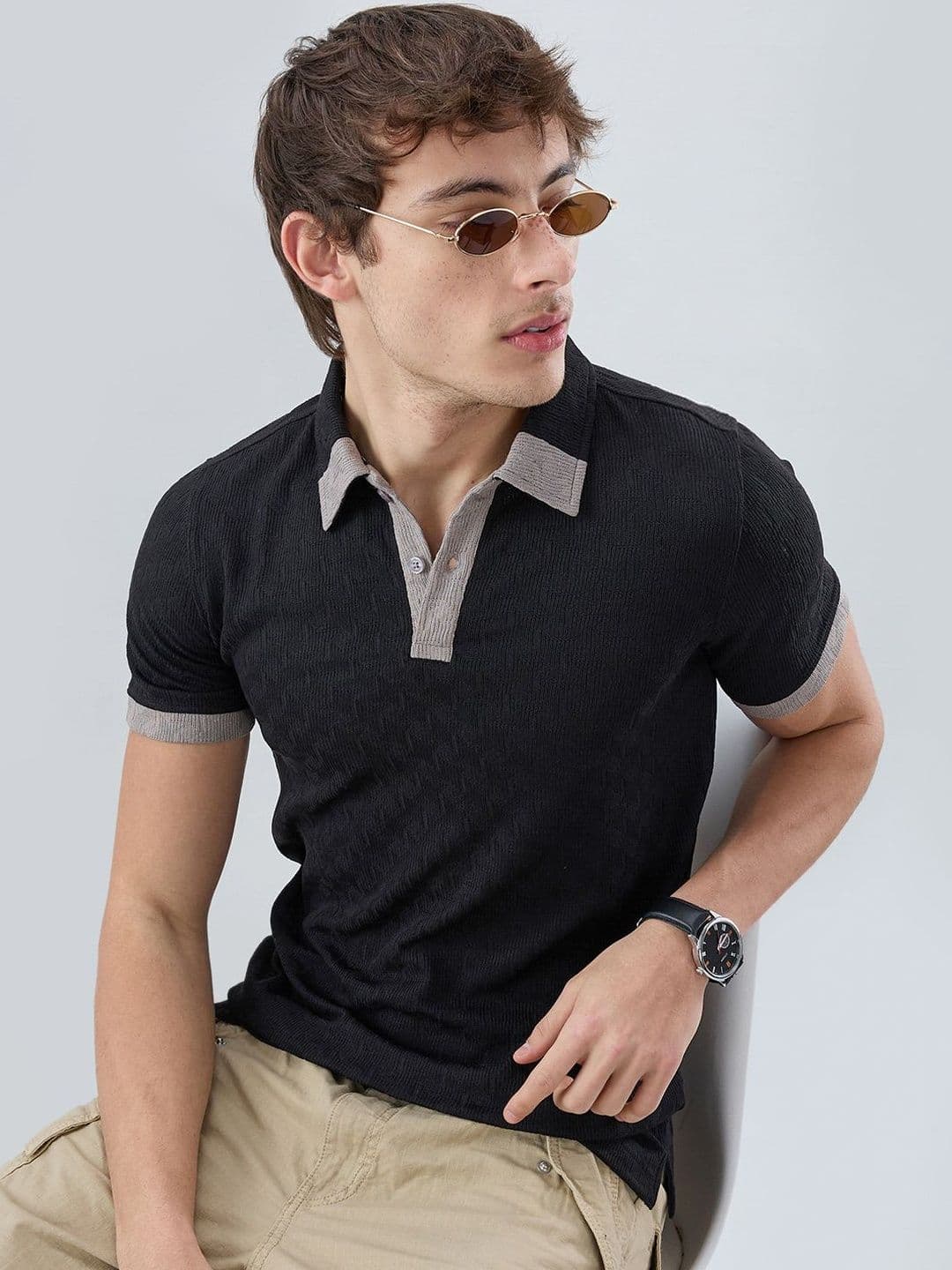 VASTRADO Rich Black Textured Contrast Polo Neck Knit Tshirts - view 1