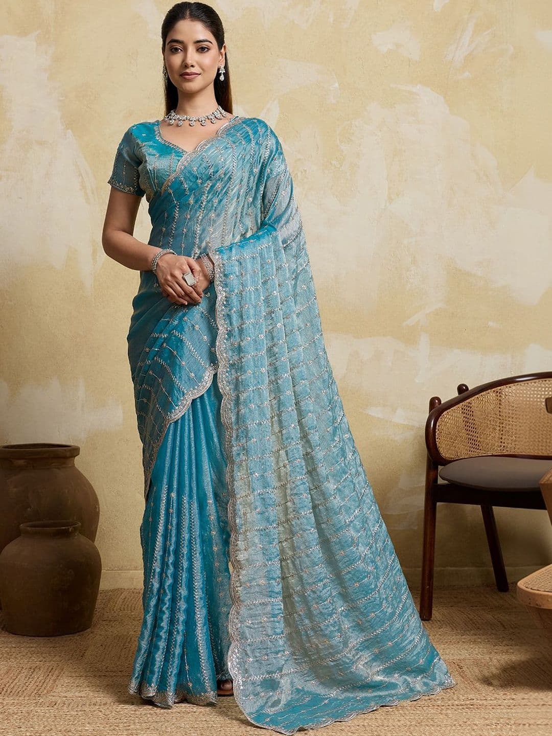 HERE&NOW Womens Sky Blue Embroidered Organza Blouse Piece & Sarees - view 1