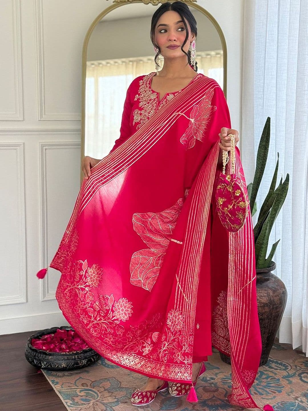 HERE&NOW Women Ethnic Motifs Embroidered Regular Thread Work Chanderi Silk Kurta with Trousers & With Dupatta - view 1
