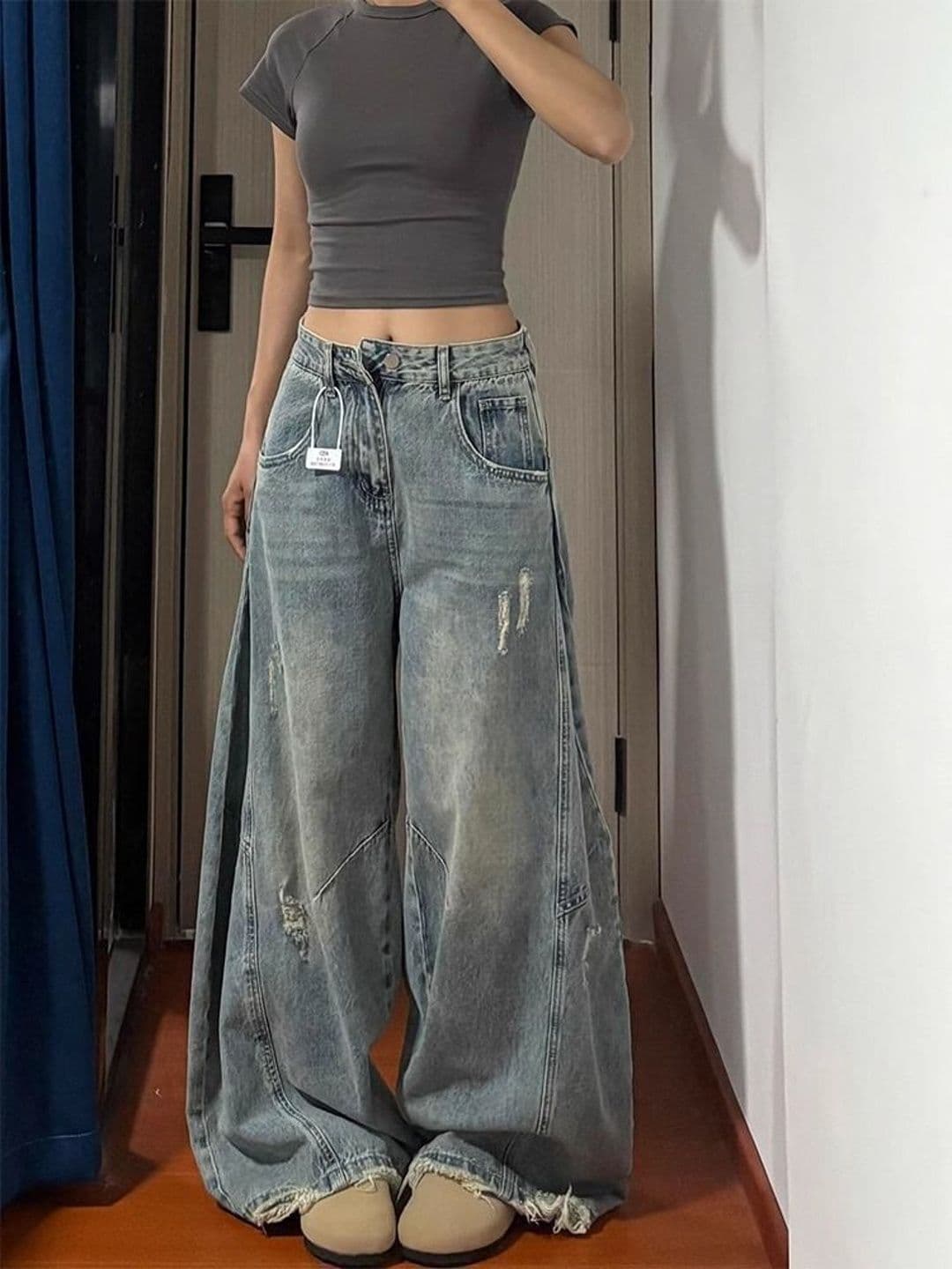 StyleCast x Revolte Women Wide Leg Mid-Rise Mildly Distressed Light Fade Jeans - view 1