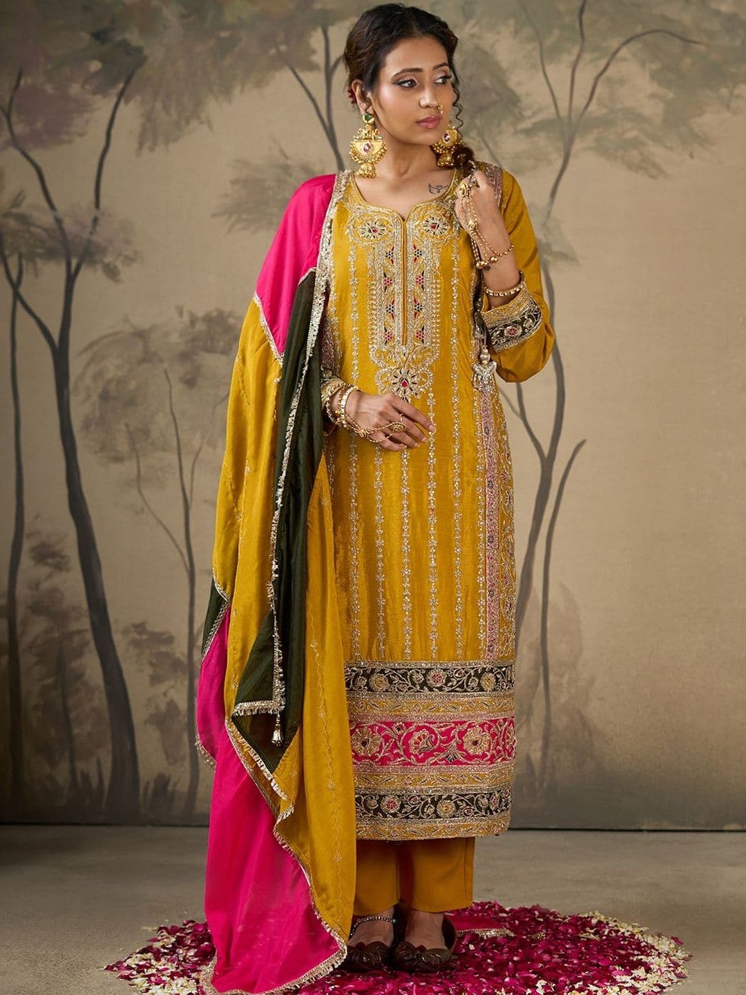 House of Pataudi Embroidered Round Neck Kurta & Trousers With Dupatta - view 1