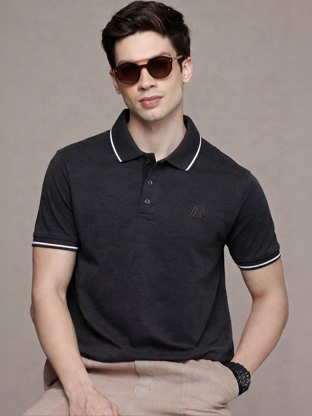 COMBRAIDED Men Textured Polo Collar Button Placket Tshirts - view 1