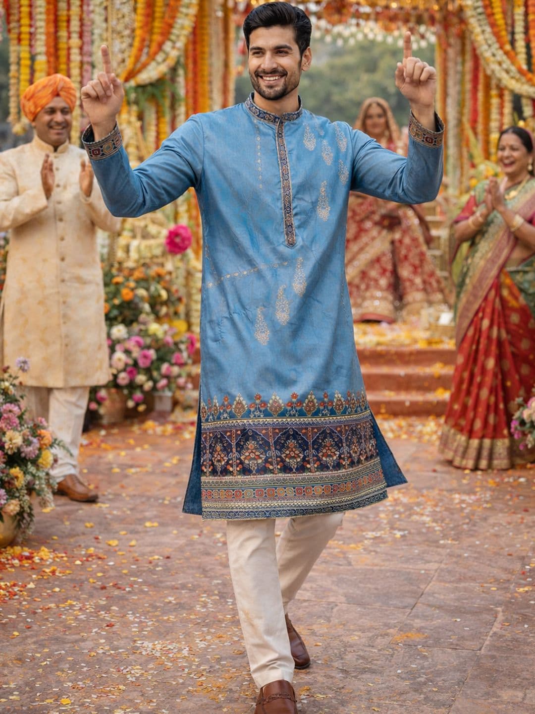House of Pataudi Paisley Printed Mandarin Collar Knee Length Straight Kurta - view 1