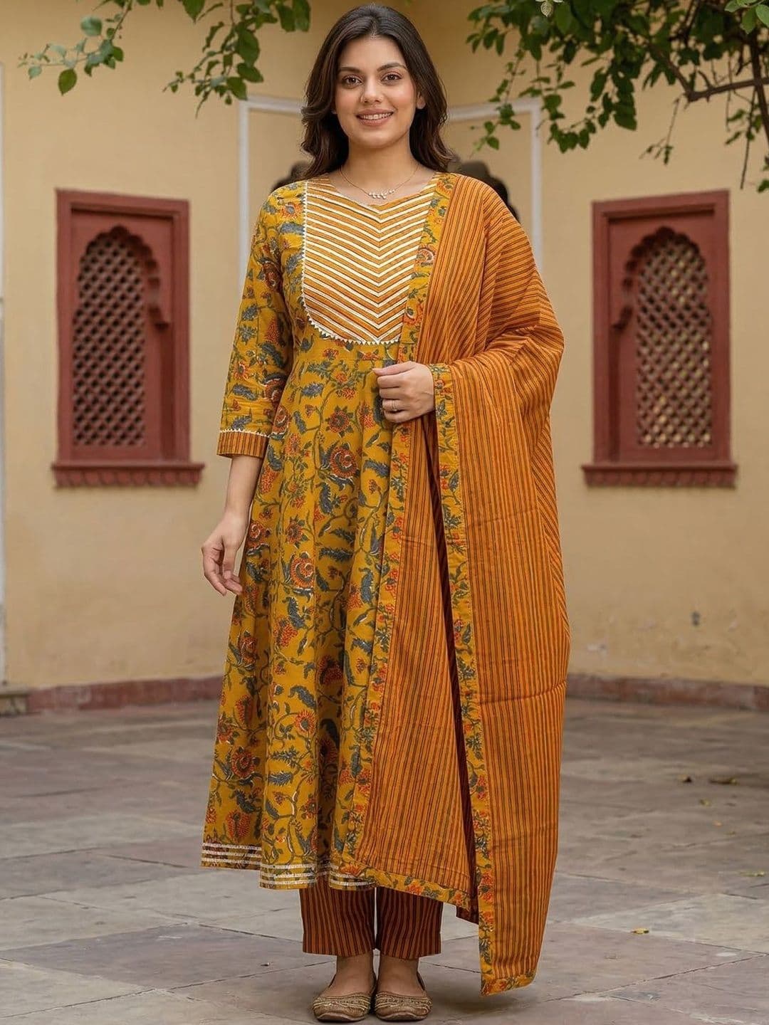 KALINI Women Floral Embroidered Regular Gotta Patti Pure Cotton Kurta with Trousers & With Dupatta - view 1