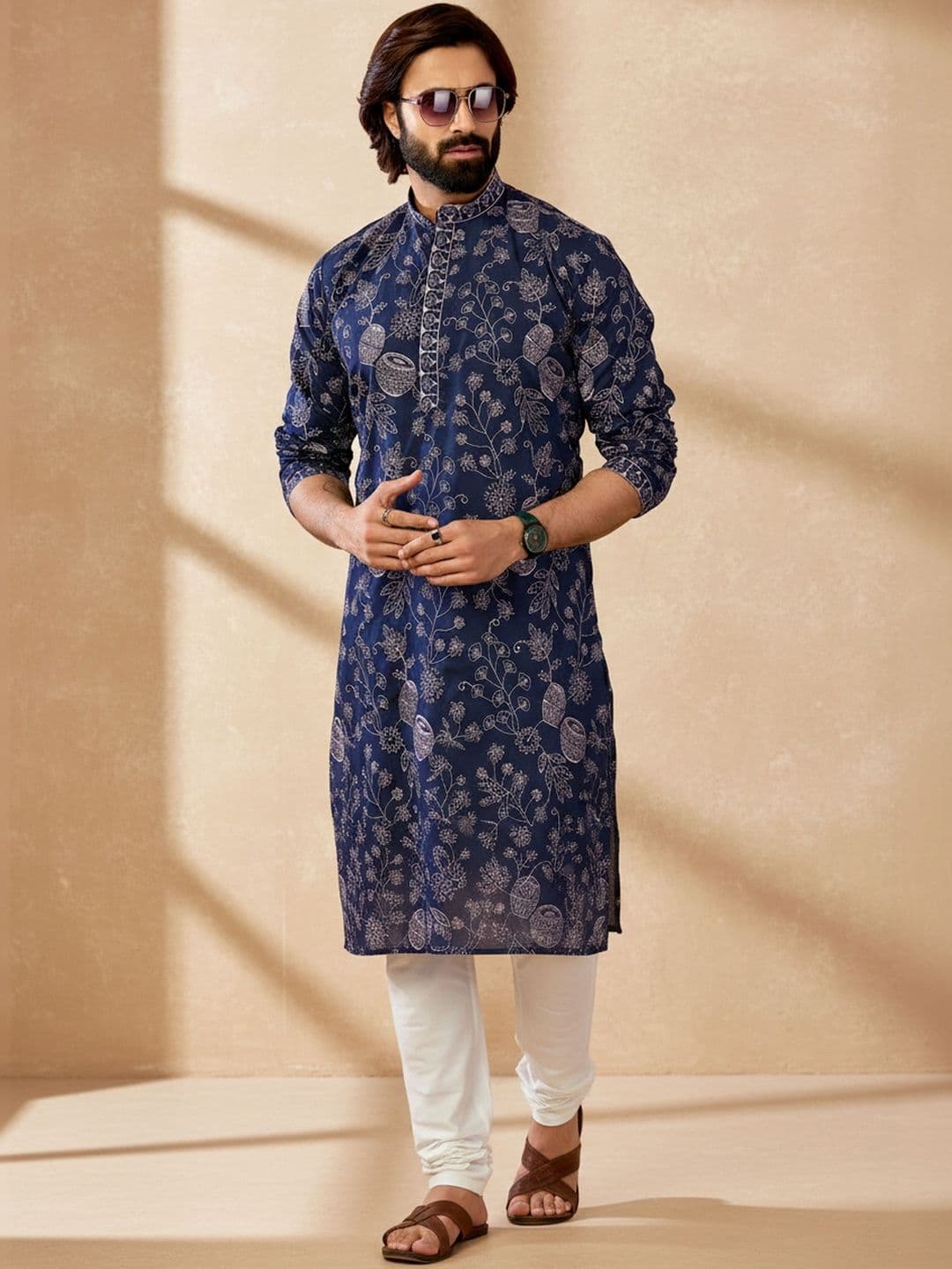 INDIROOP Floral Printed Mandarin Collar Cotton Kurta - view 1