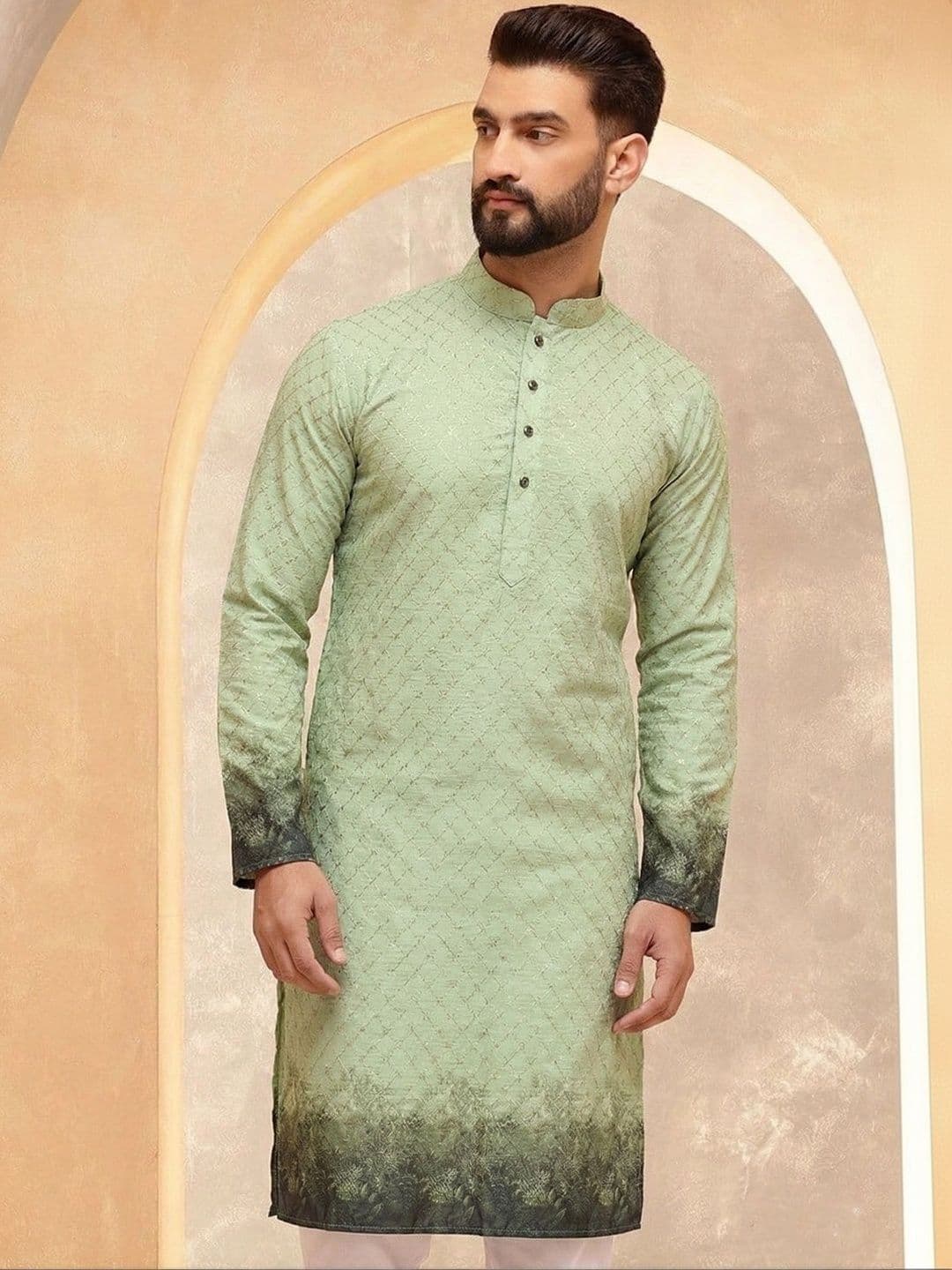 VELKYNOX Men Ethnic Motifs Printed Mandarin Collar Regular Sleeves Sequinned Floral Kurta - view 1