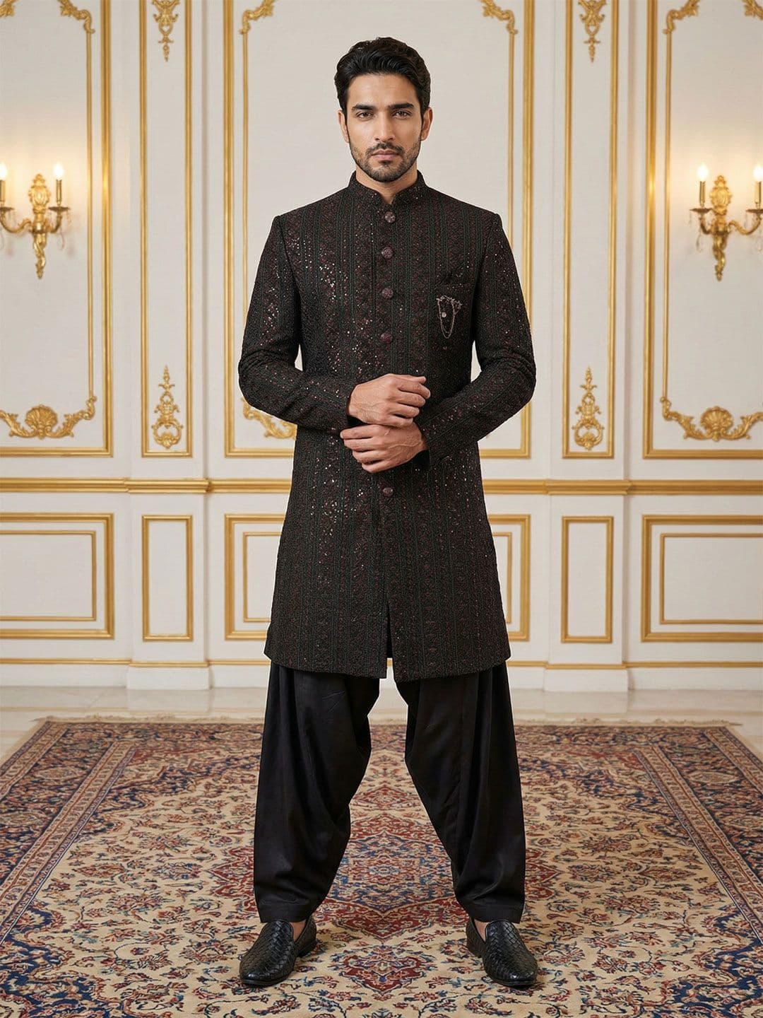 Jompers Embroidered Mandarin Collar Sherwani