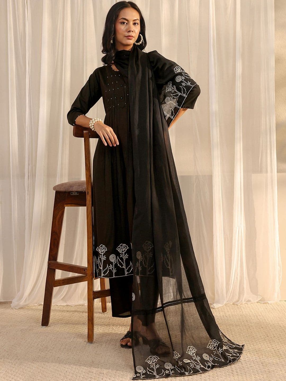 Libas Black Solid Cotton A-Line Suit Set with Dupatta - view 1