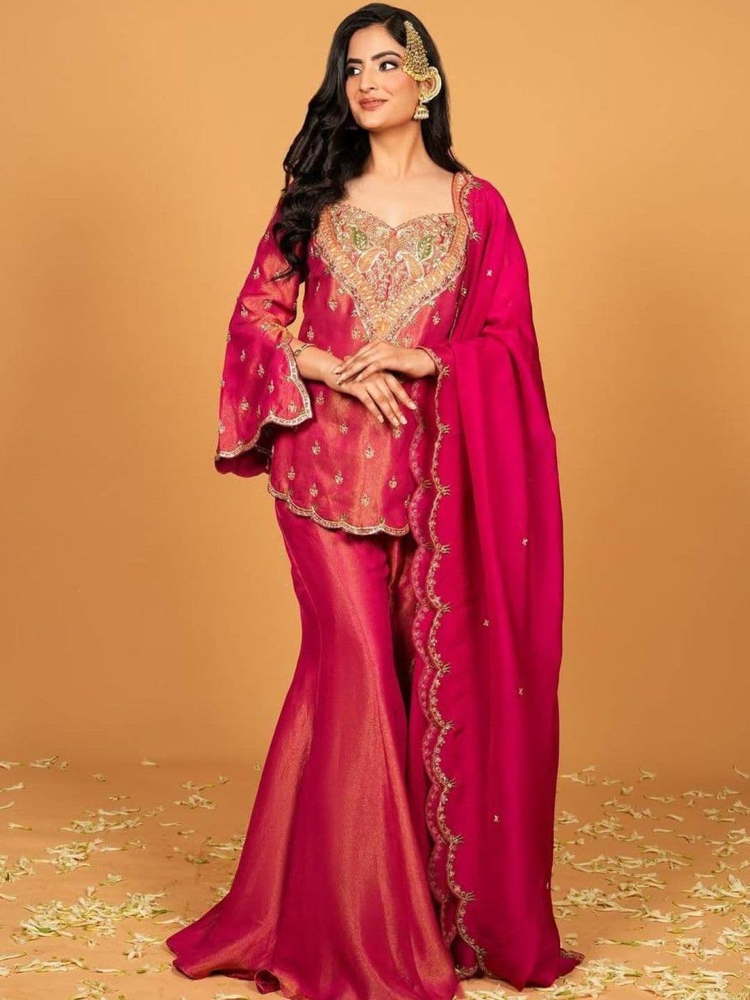 HERE&NOW Women Ethnic Motifs Embroidered Regular Thread Work Dupion Silk Kurta with Palazzos & With Dupatta - view 1