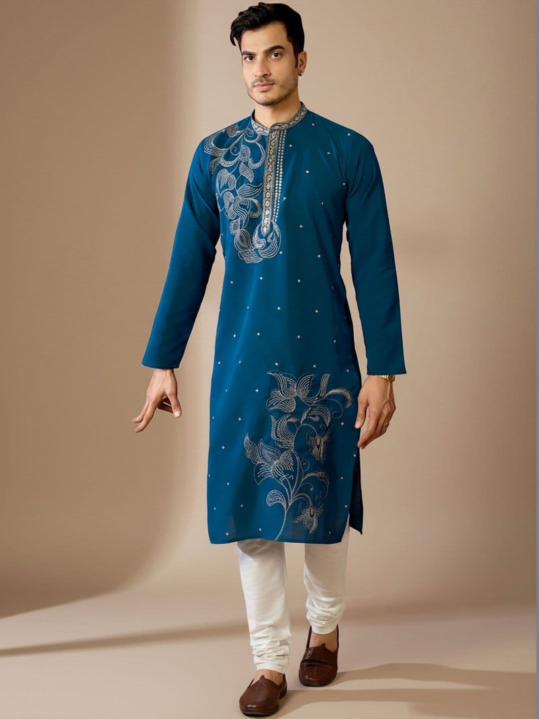 INDIROOP Men Ethnic Motifs Embroidered Mandarin Collar Cotton Kurta - view 1
