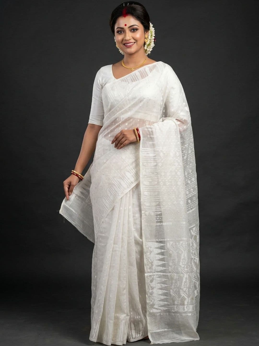 Monamaar Moner Alo-bengal Jamdani White Sarees - view 1