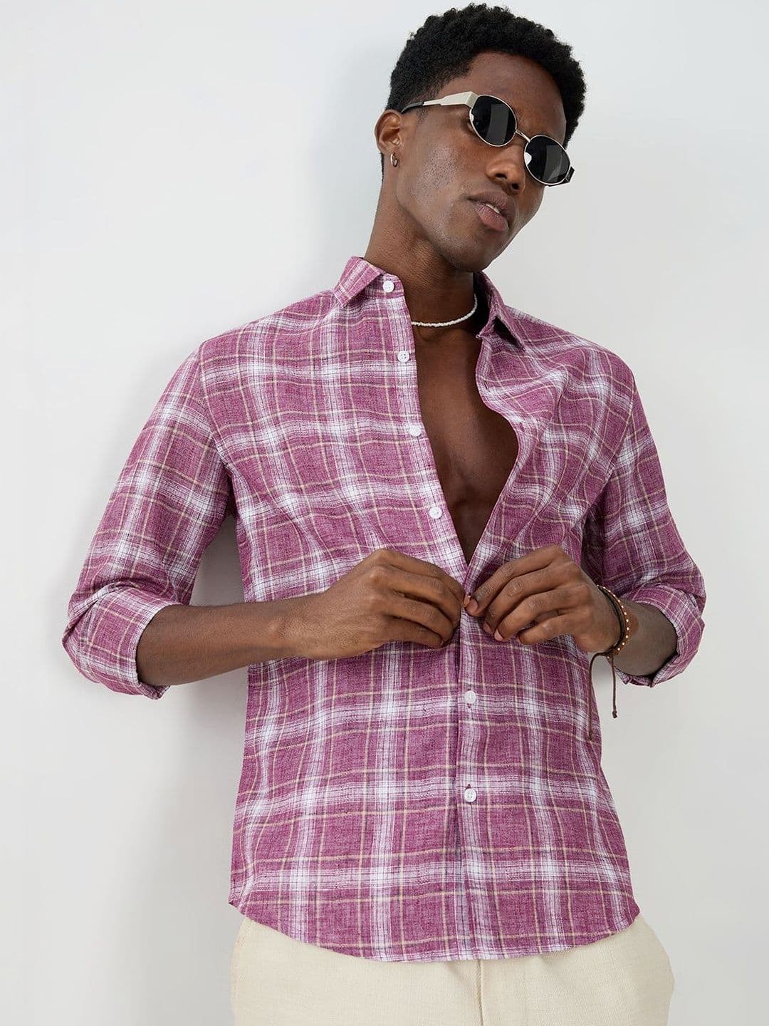 VASTRADO Vintage Maroon Plaid Checks Jacquard Shirt - view 1