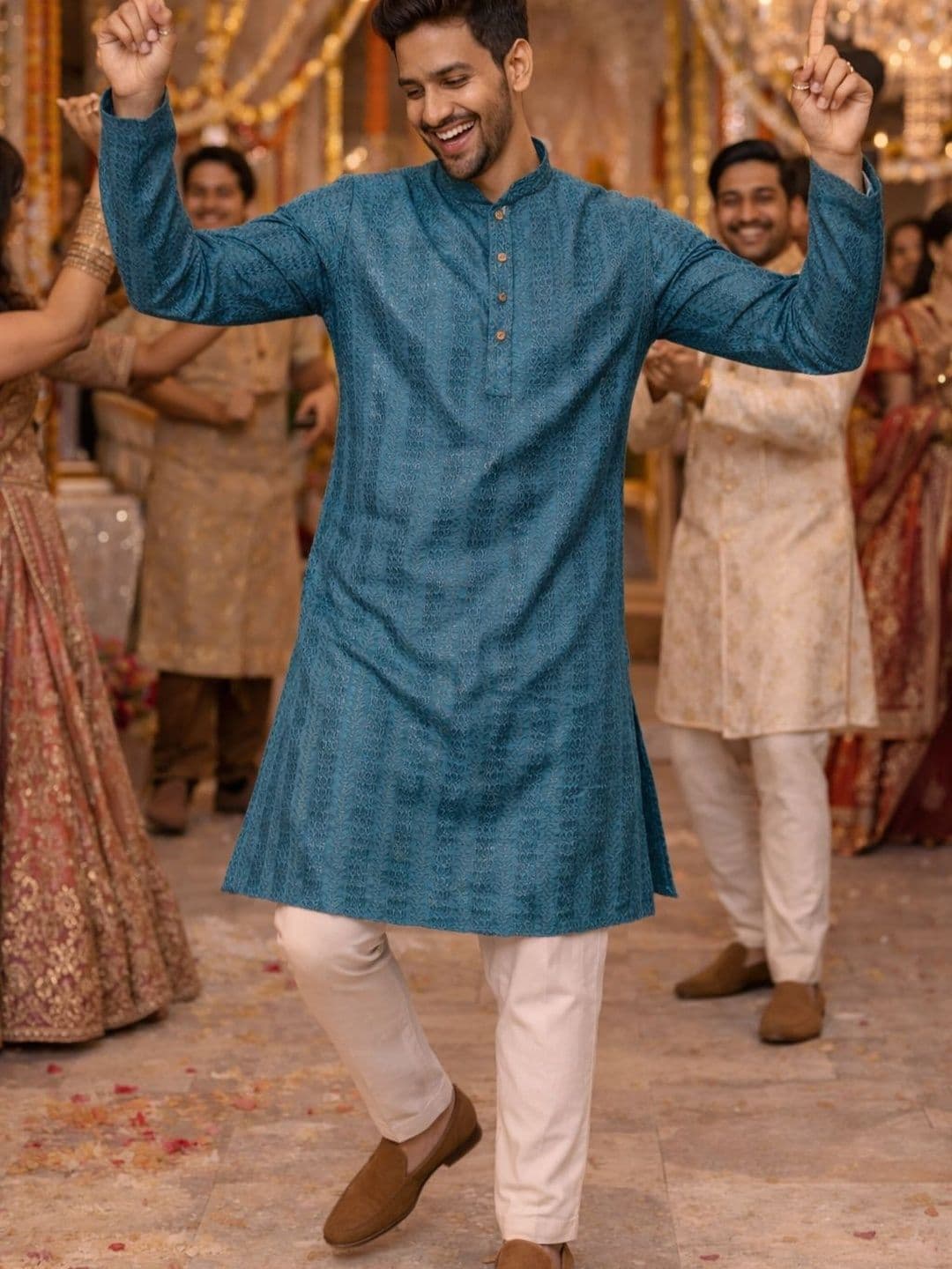 HERE&NOW Men Ethnic Motifs Embroidered Mandarin Collar Short Sleeves Sequinned Kurta - view 1