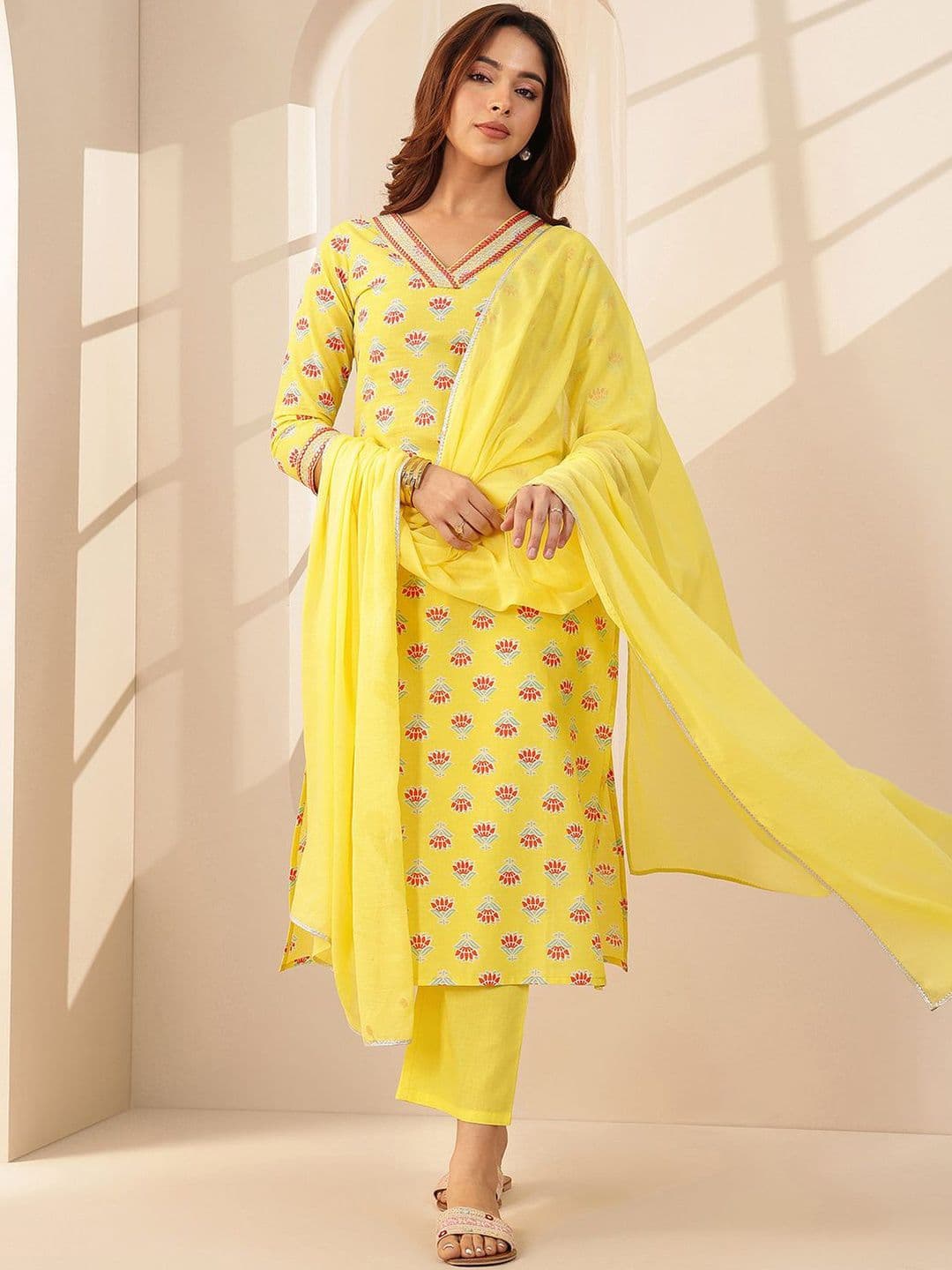 Libas Women Floral Printed Regular Mirror Work Kurta with Trousers & With Dupatta - view 1