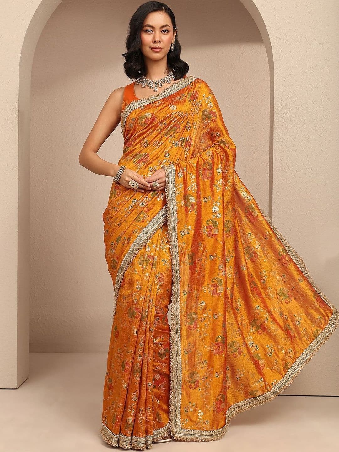 Libas Mustard Tribal Printed Saree With Unstitched Blouse Piece - view 1