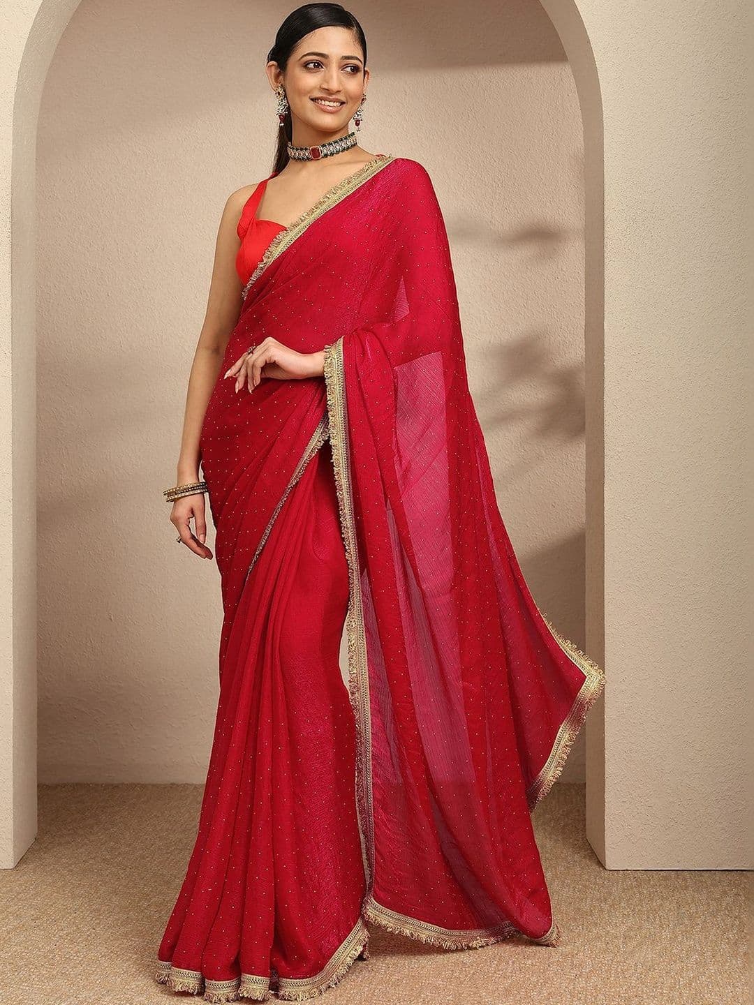 Libas Red Embellished Saree With Unstitched Blouse Piece - view 1