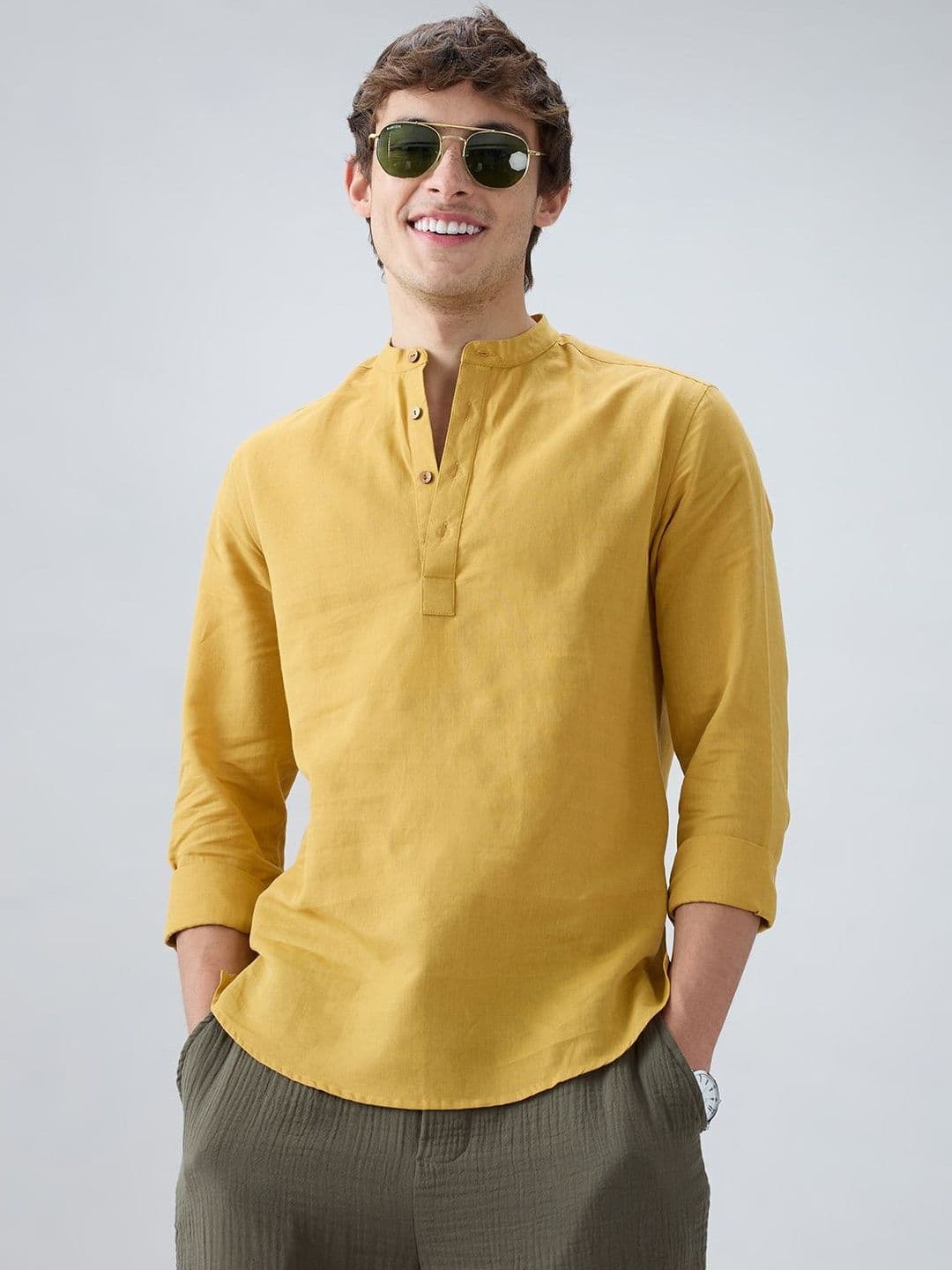 VASTRADO Men Mandarin Collar Linen Blend Kurta