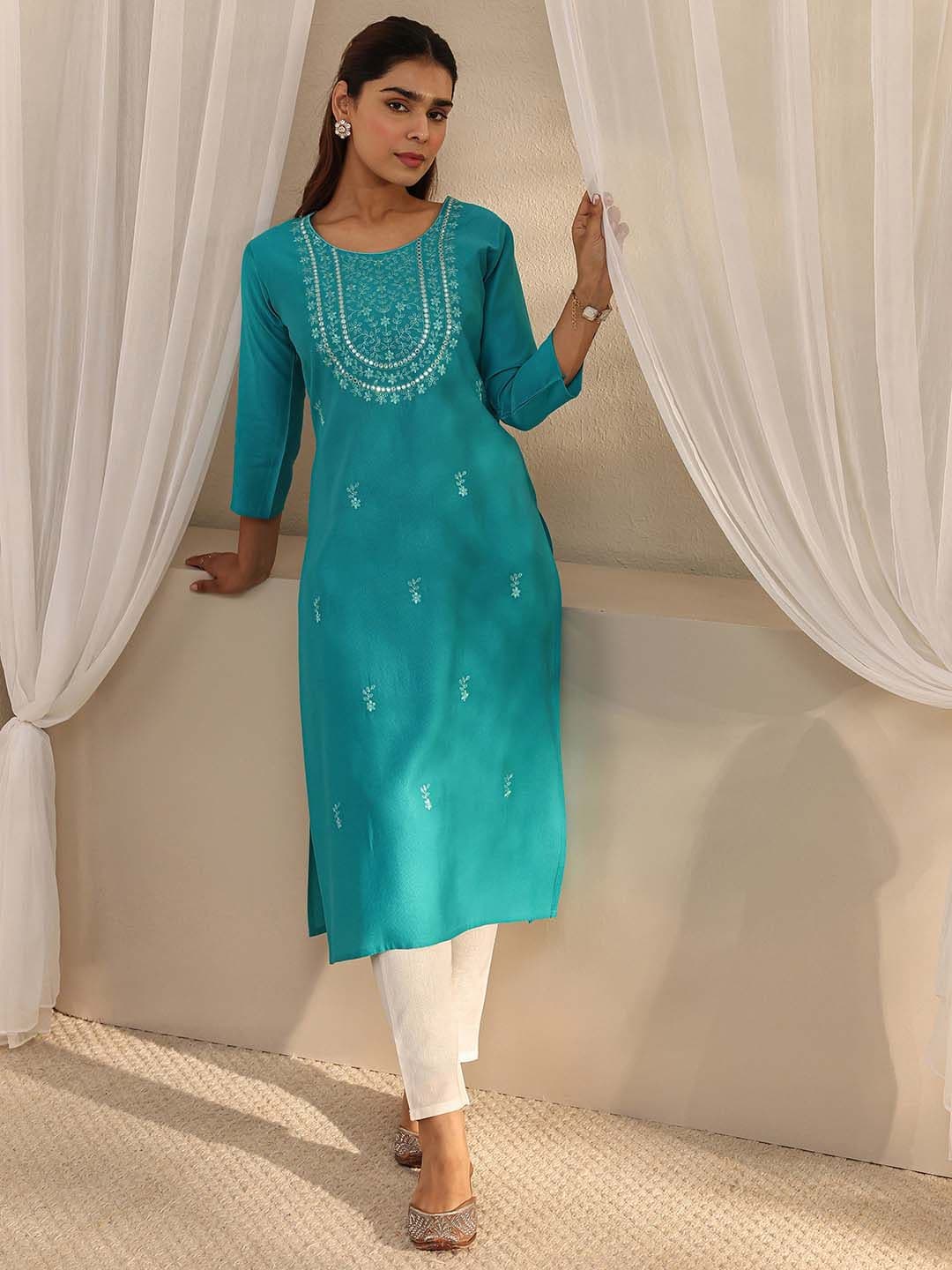 Libas Green Floral Embroidered Straight Kurta - view 1