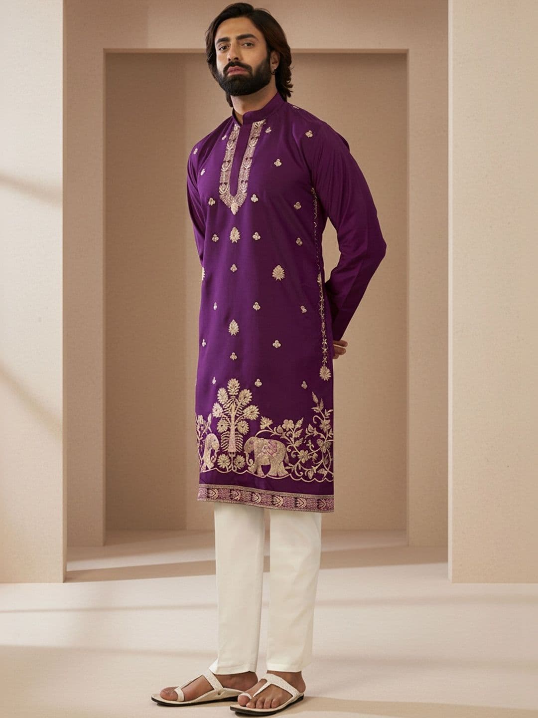 INDIROOP Men Embroidered Mandarin Collar Straight Cotton Kurtas - view 1