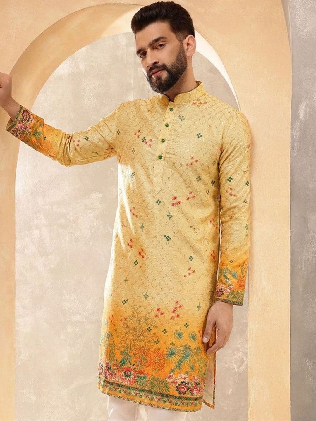 VELKYNOX Men Ethnic Motifs Printed Mandarin Collar Regular Sleeves Sequinned Floral Kurta - view 1