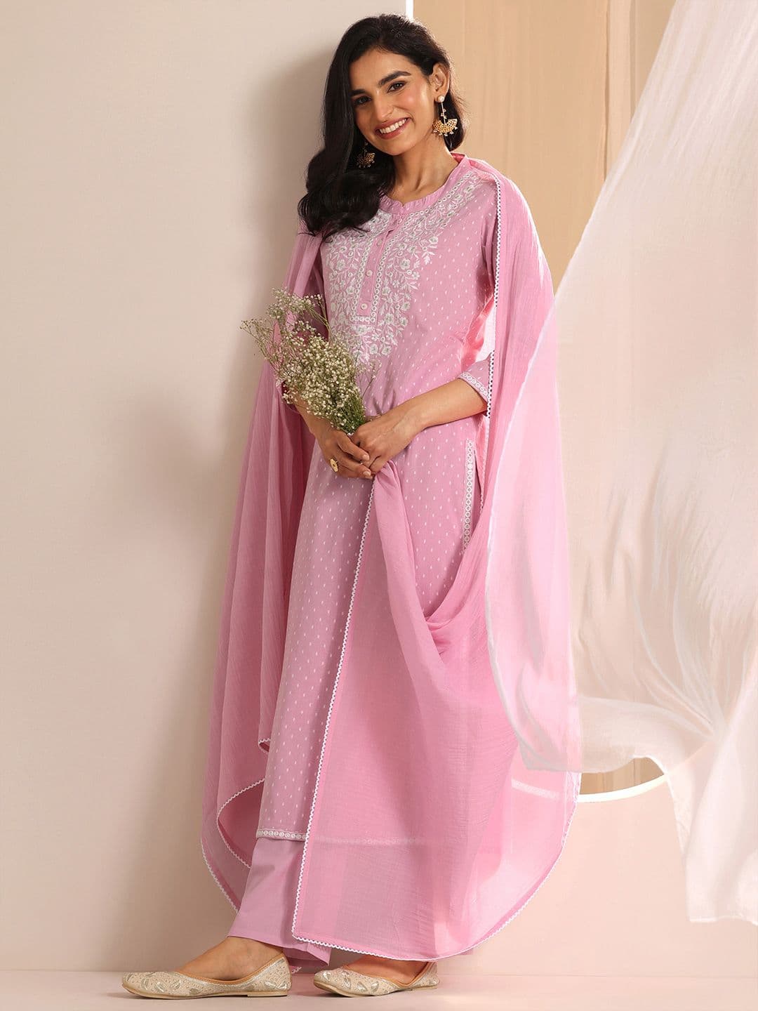 Libas Women Floral Regular Thread Work Kurta with Trousers & With Dupatta - view 1