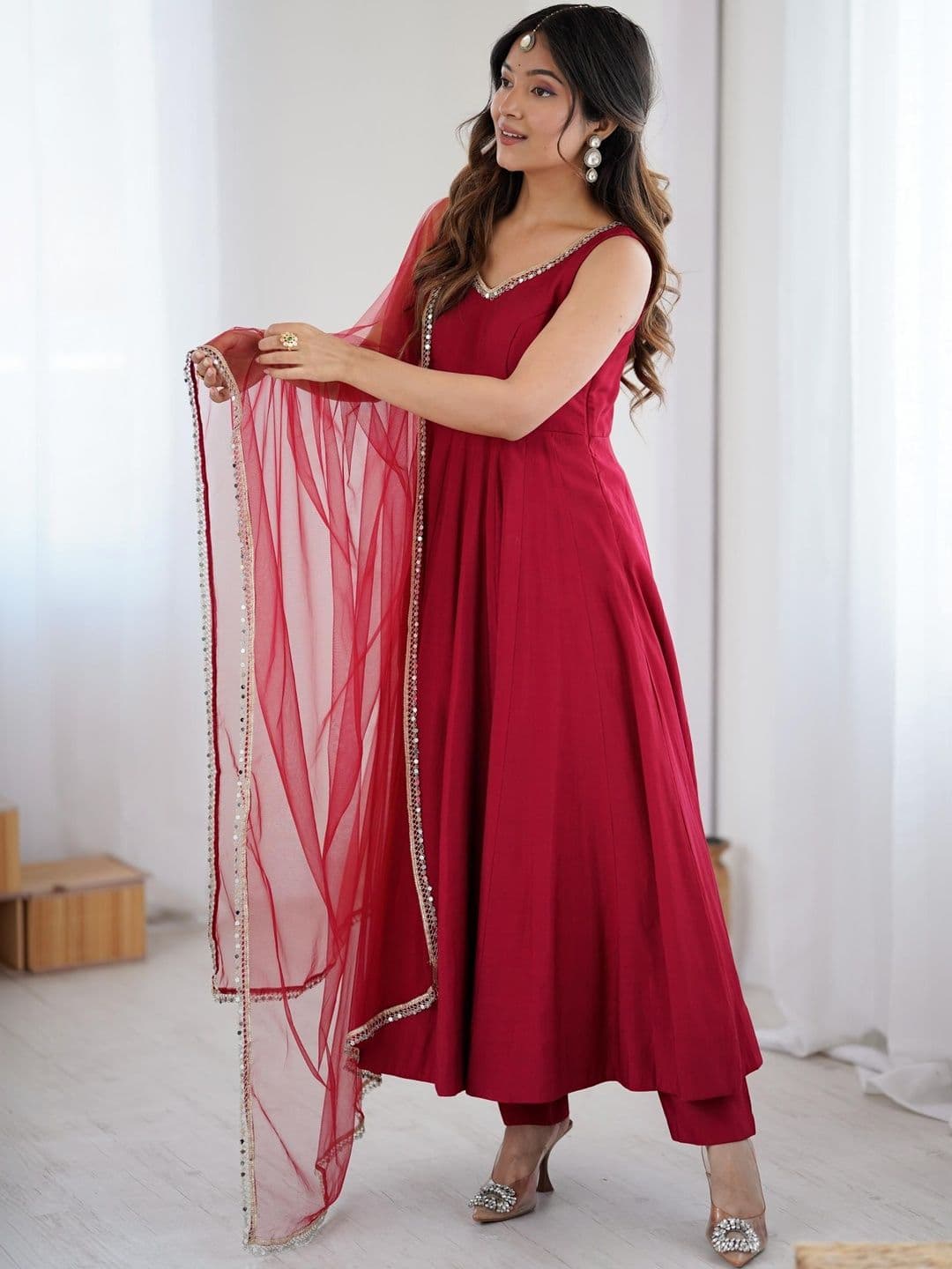 HERE&NOW Women Pleated Chanderi Silk Kurta with Trousers & With Dupatta - view 1