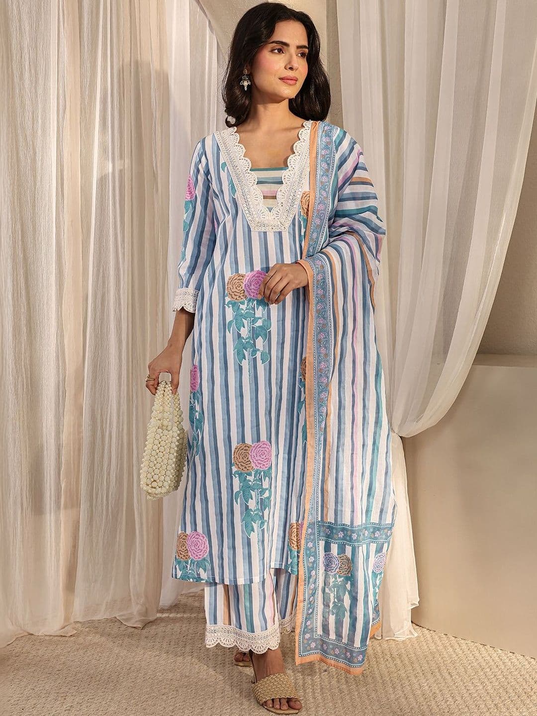 Libas Blue Striped Printed Cotton A-Line Suit Set with Dupatta - view 1
