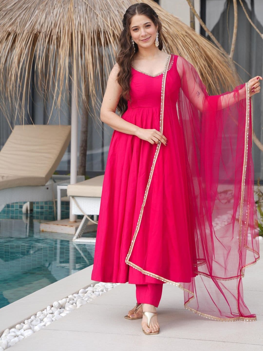 HERE&NOW Women Pleated Chanderi Silk Kurta with Trousers & With Dupatta - view 1
