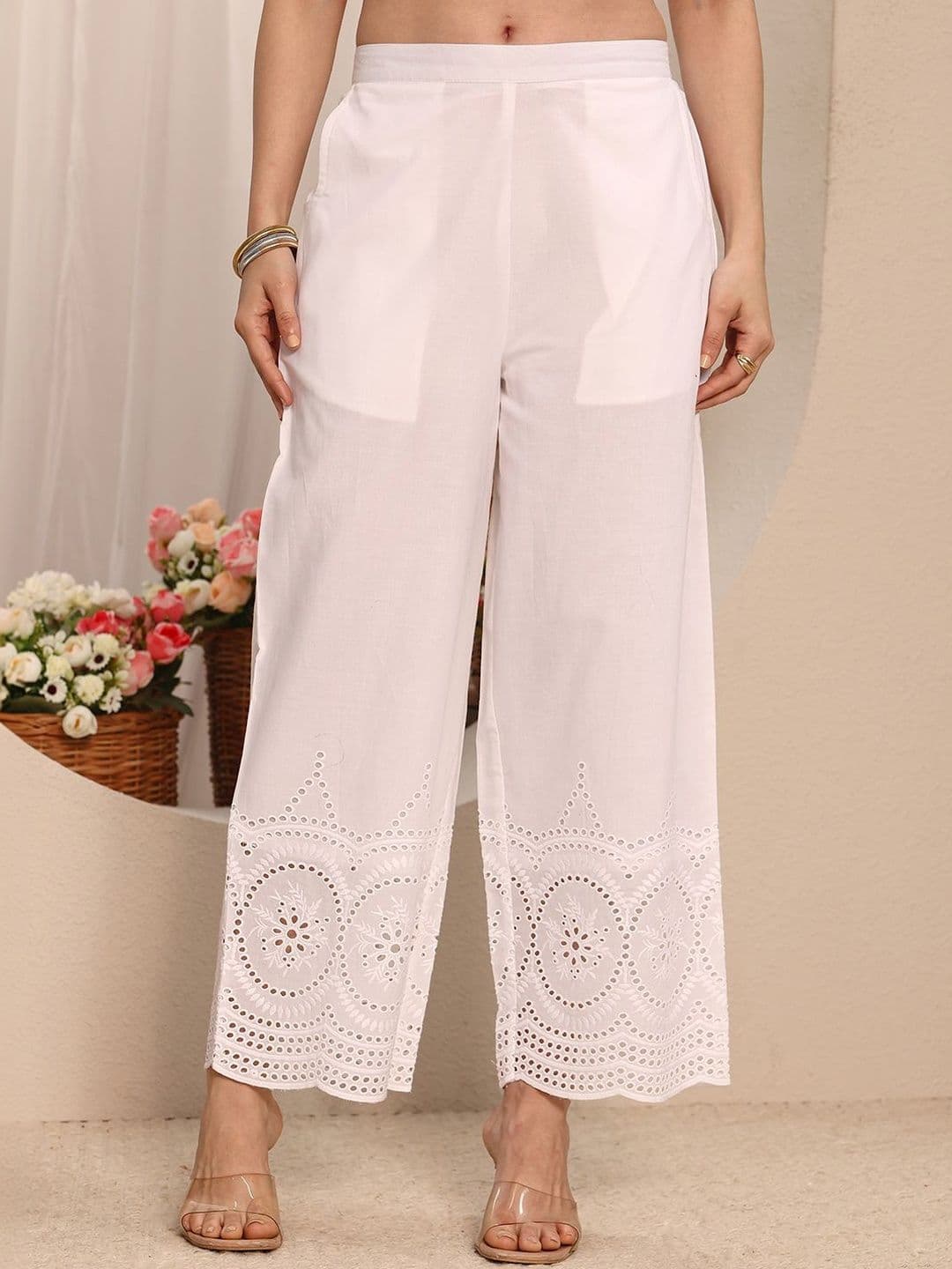 Libas Women White Solid Schiffli Design Cotton Palazzo - view 1