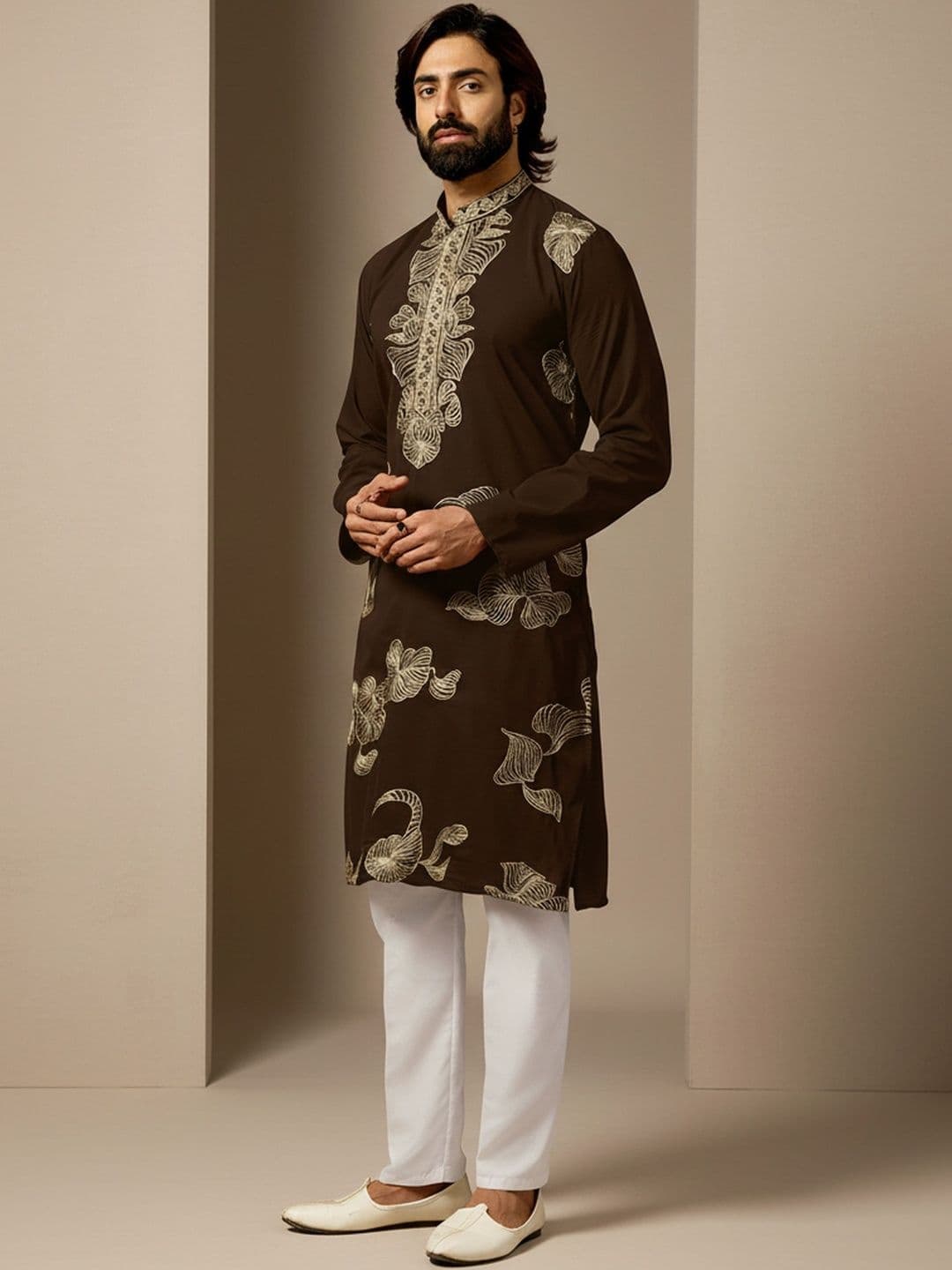 INDIROOP Men Ethnic Motifs Embroidered Mandarin Collar Cotton Kurta - view 1