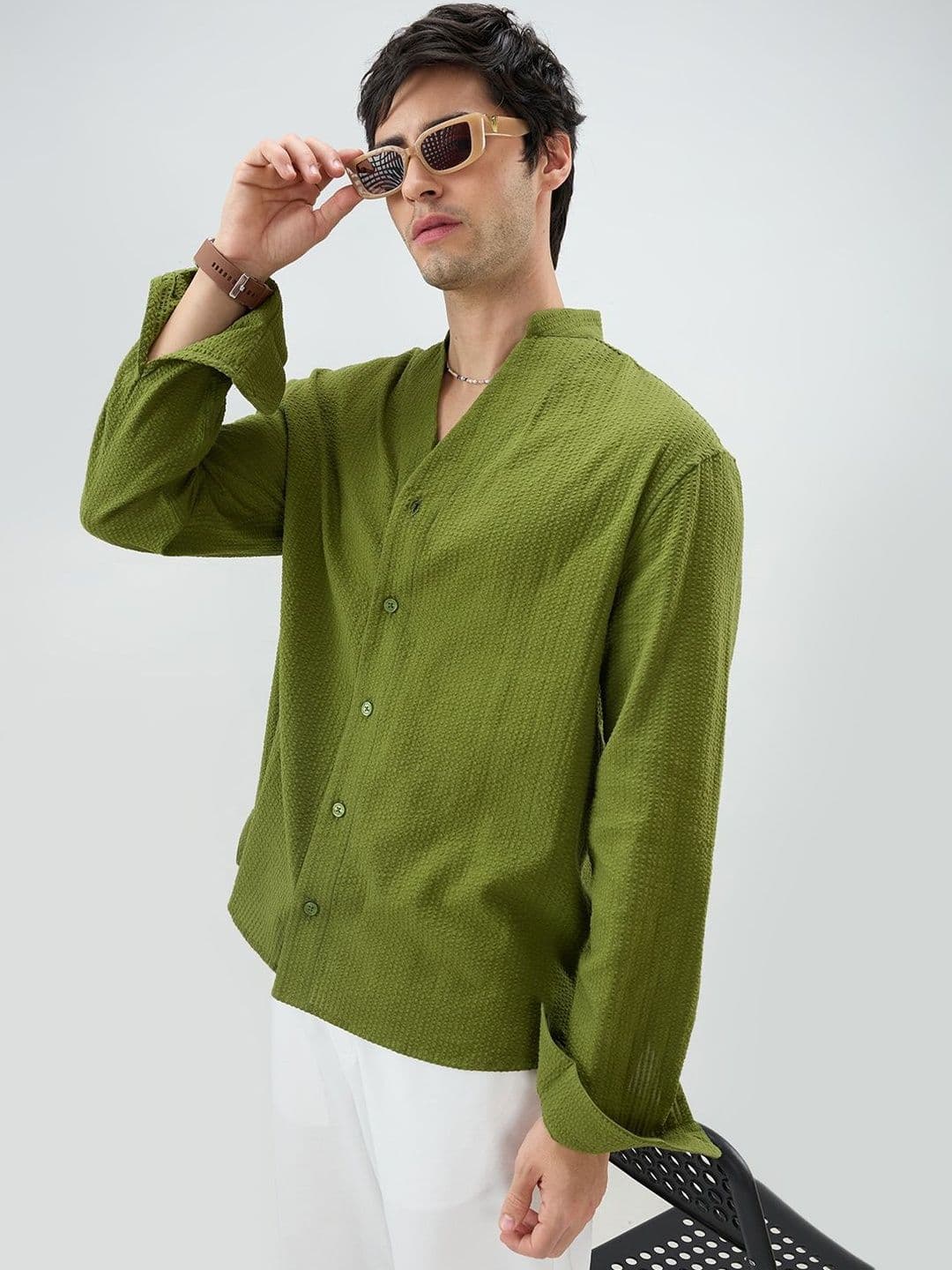 VASTRADO Basil Green Seersucker Striped Stand Collar Oversized Shirt - view 1