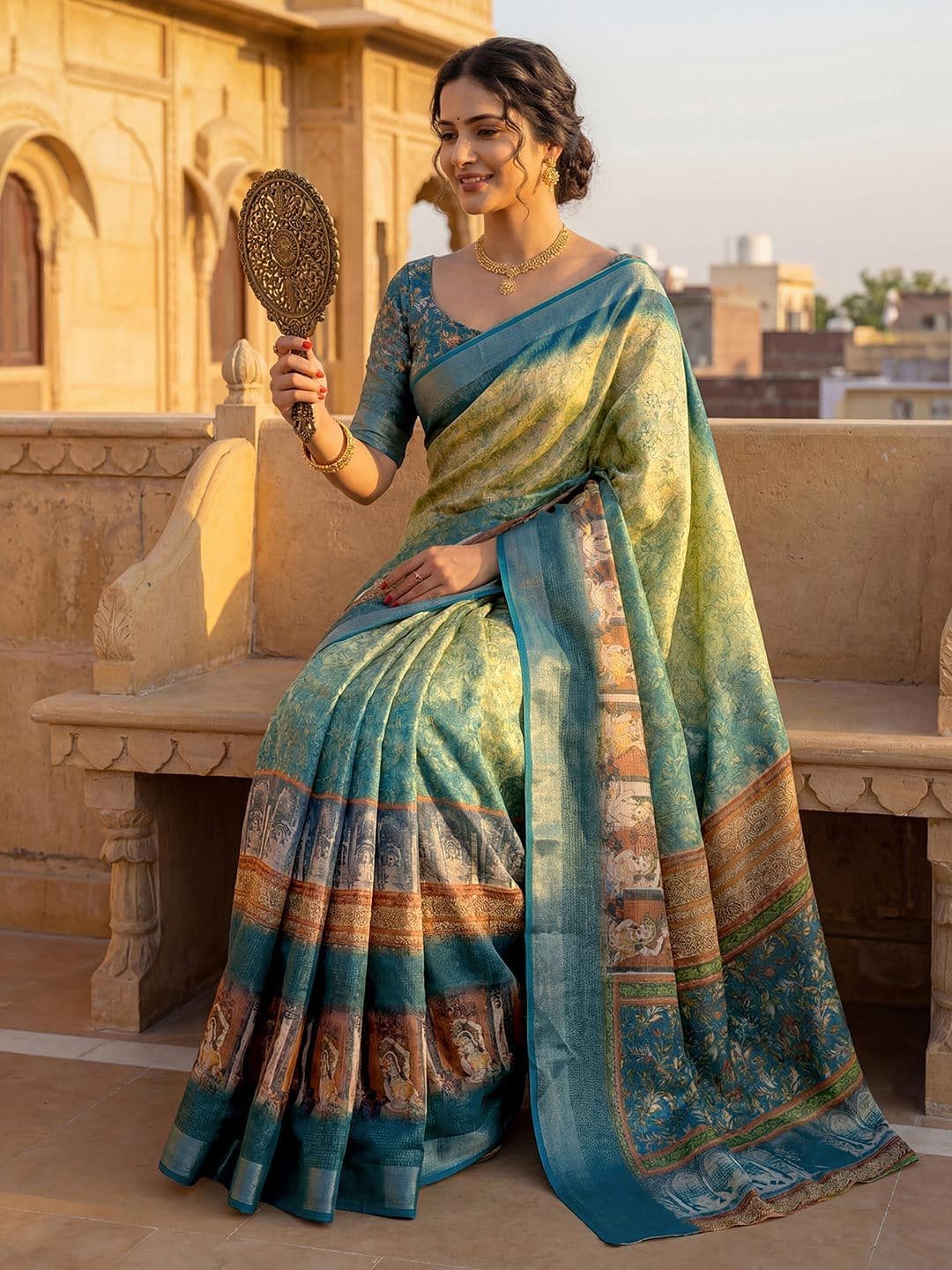 Satrani Ethnic Motifs Printed Ready to Wear Saree with Blouse - view 1