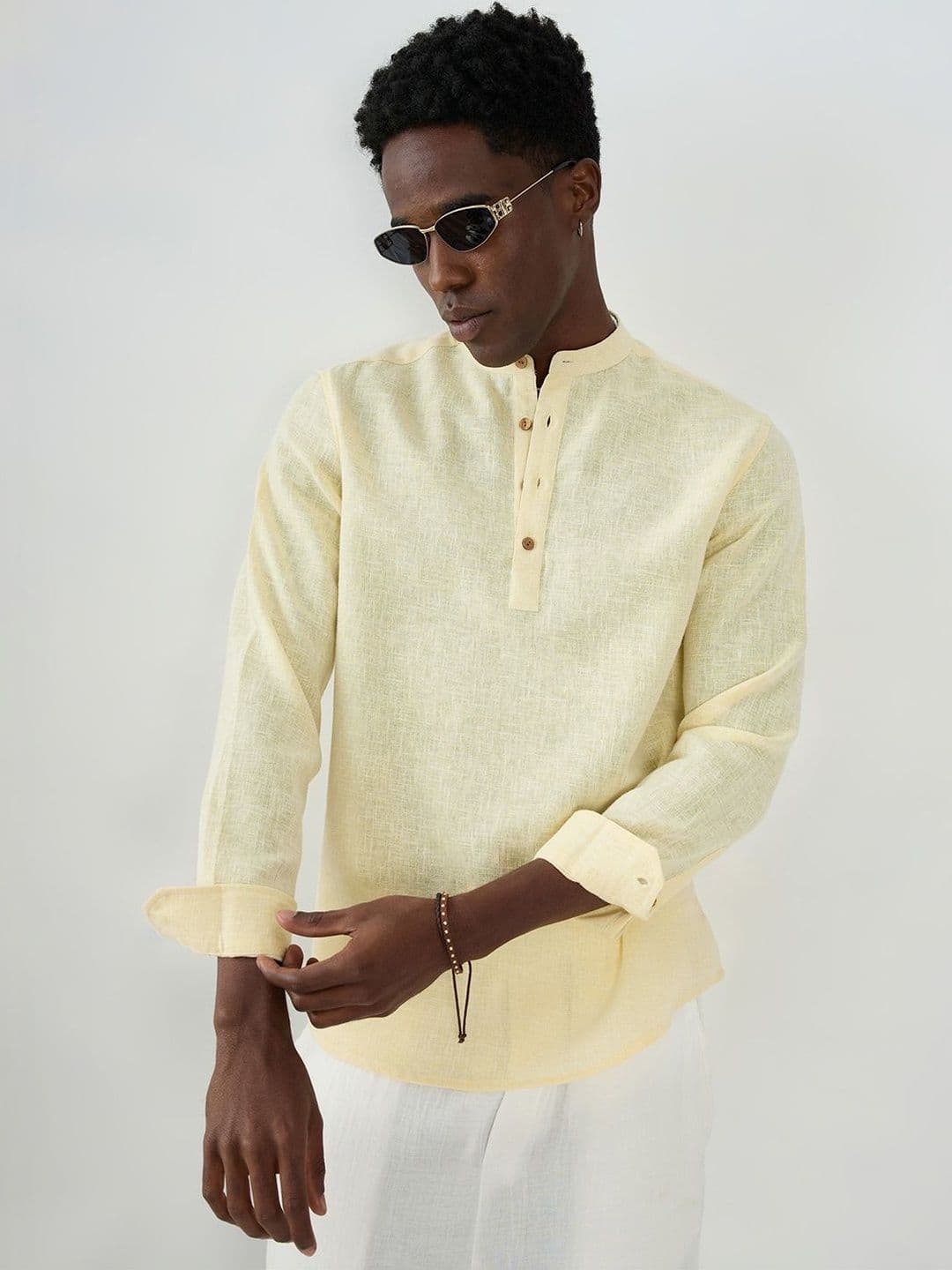 VASTRADO Butter Yellow Slub Textured Vacation Kurta - view 1