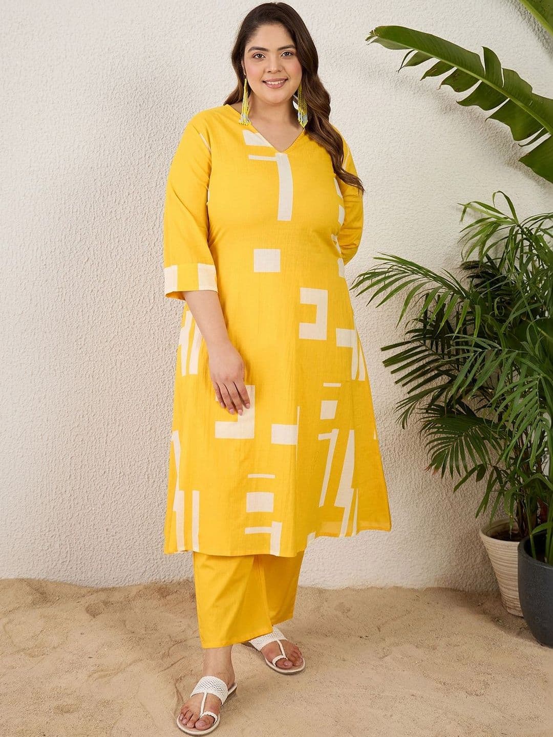 Indo Era Plus Size Yellow Printed A-Line Kurta Trousers Set - view 1