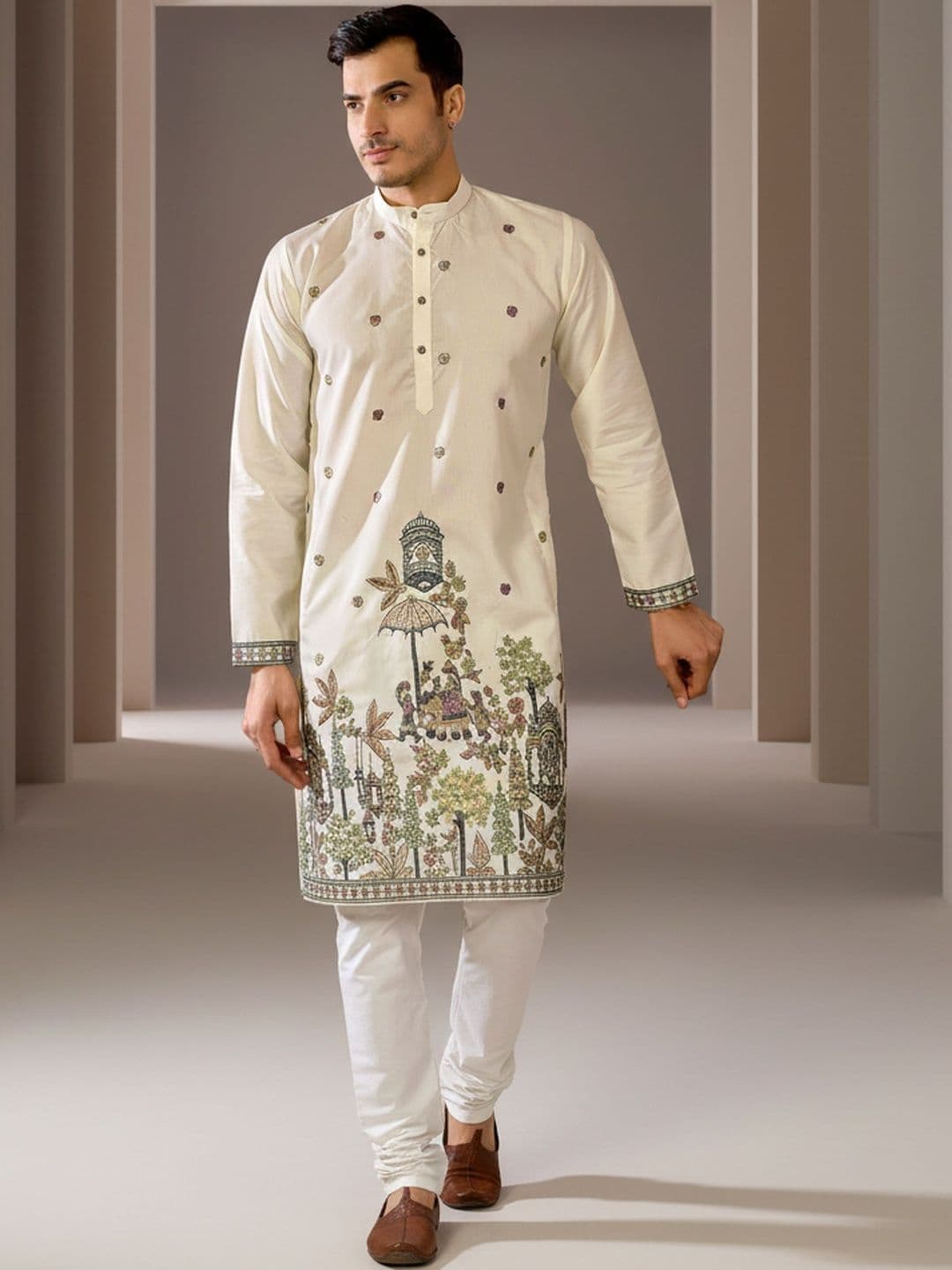 INDIROOP Men Mandarin Collar Floral Embroidered Kurta - view 1
