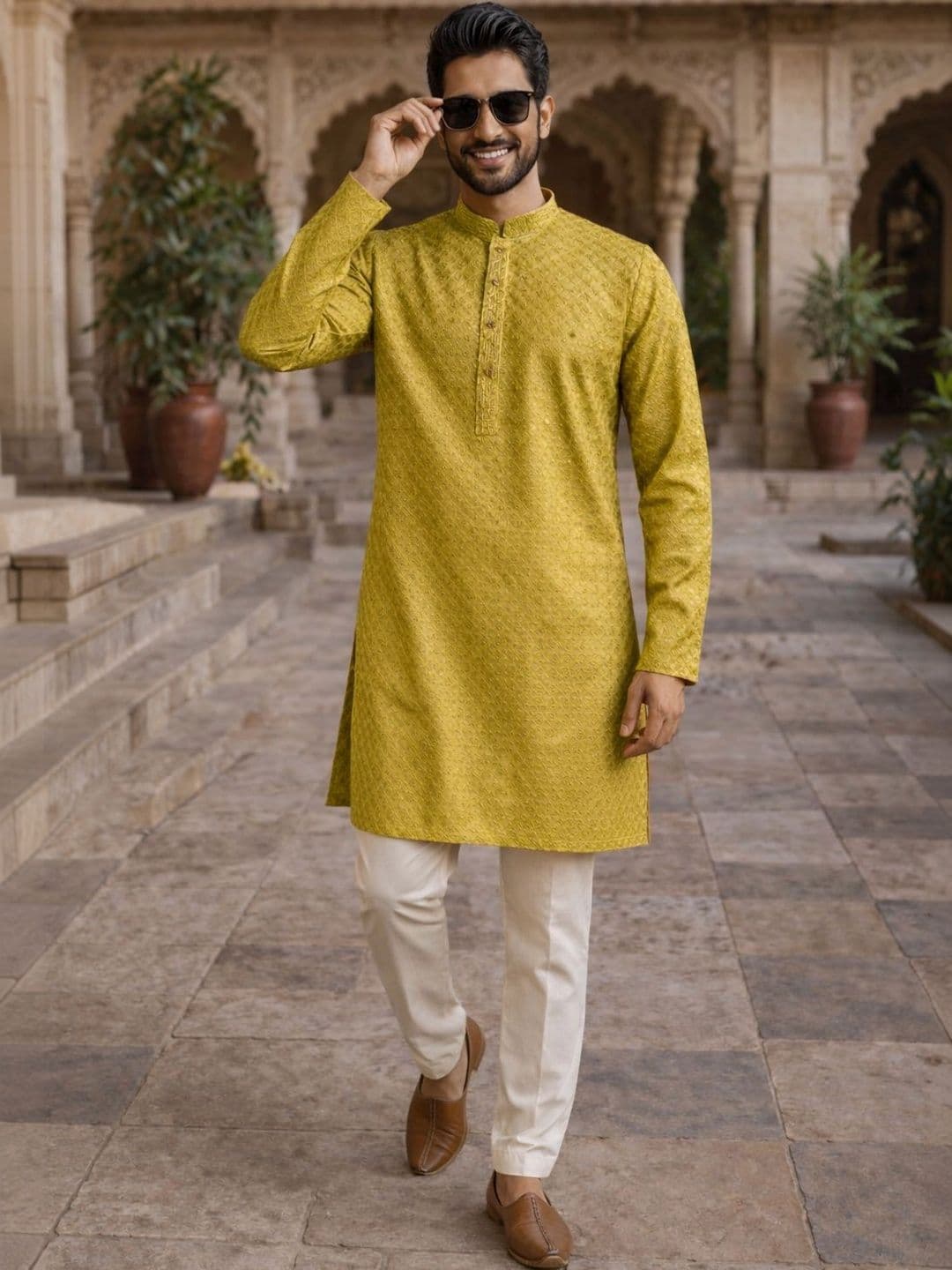 HERE&NOW Men Ethnic Motifs Embroidered Mandarin Collar Short Sleeves Sequinned Kurta - view 1