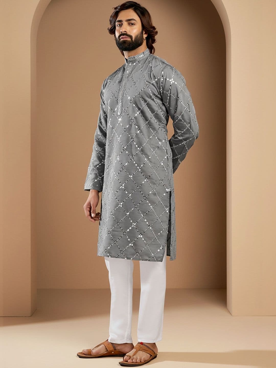 INDIROOP Ethnic Motifs Embroidered Mandarin Collar Pure Cotton Chikankari Kurta - view 1