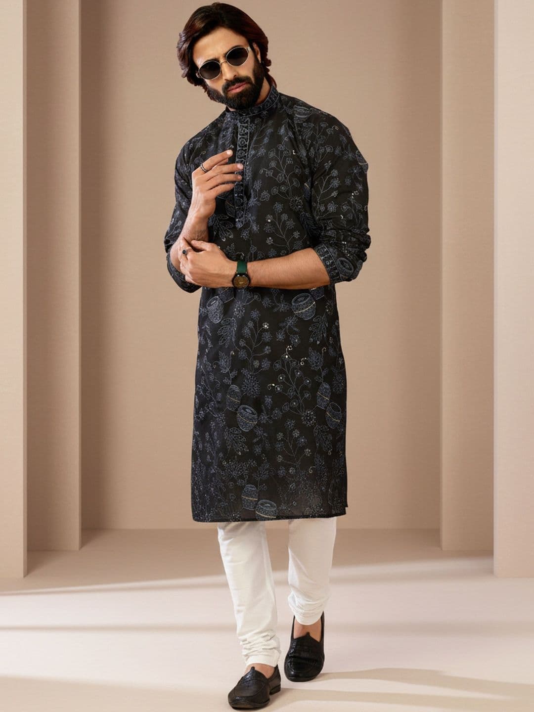 INDIROOP Men Ethnic Motifs Woven Design Mandarin Collar Cotton Kurta - view 1