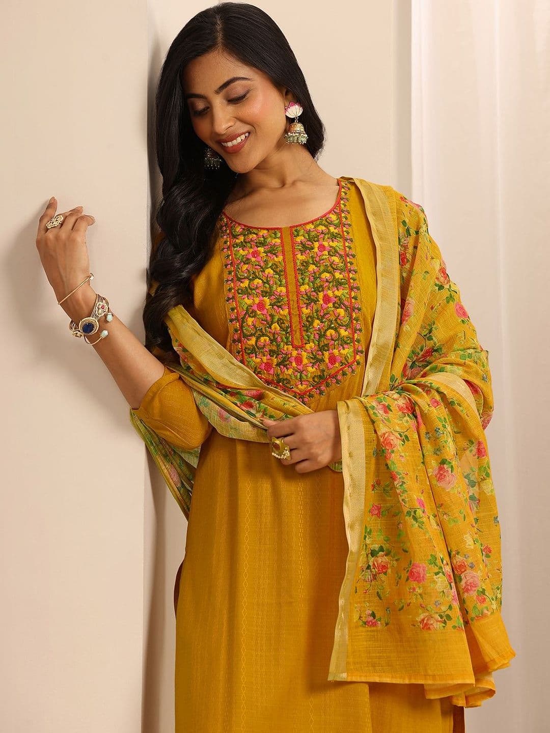Libas Women Floral Yoke Design Regular Thread Work Kurta with Trousers & With Dupatta - view 1
