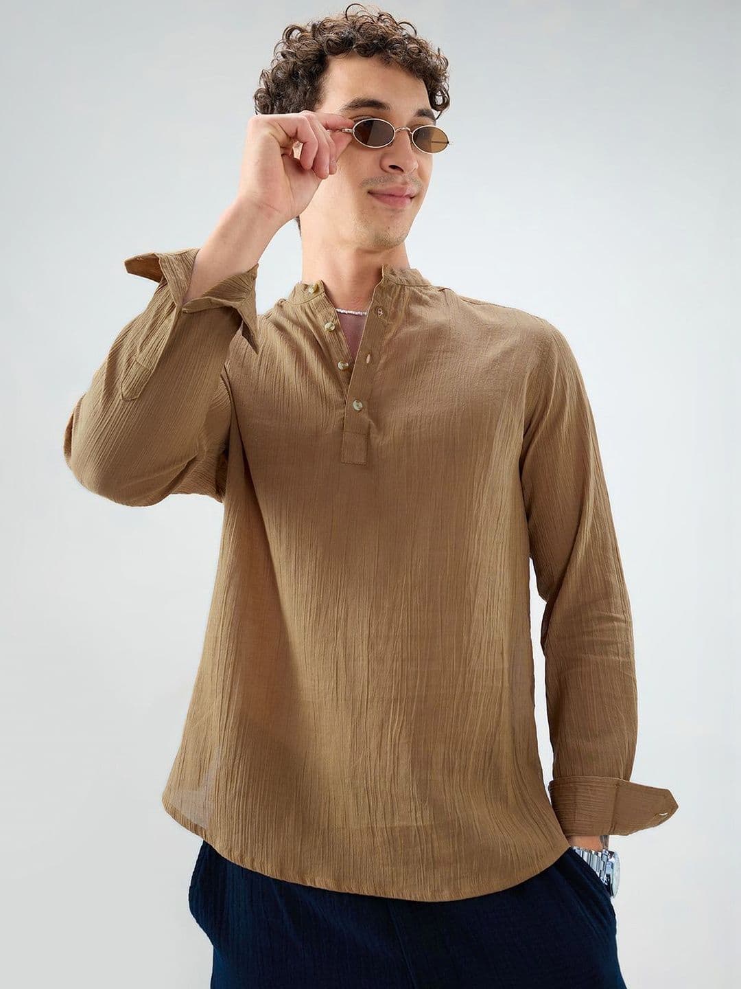 VASTRADO Men Sheer Khaki Linear Crepe Cotton Kurta