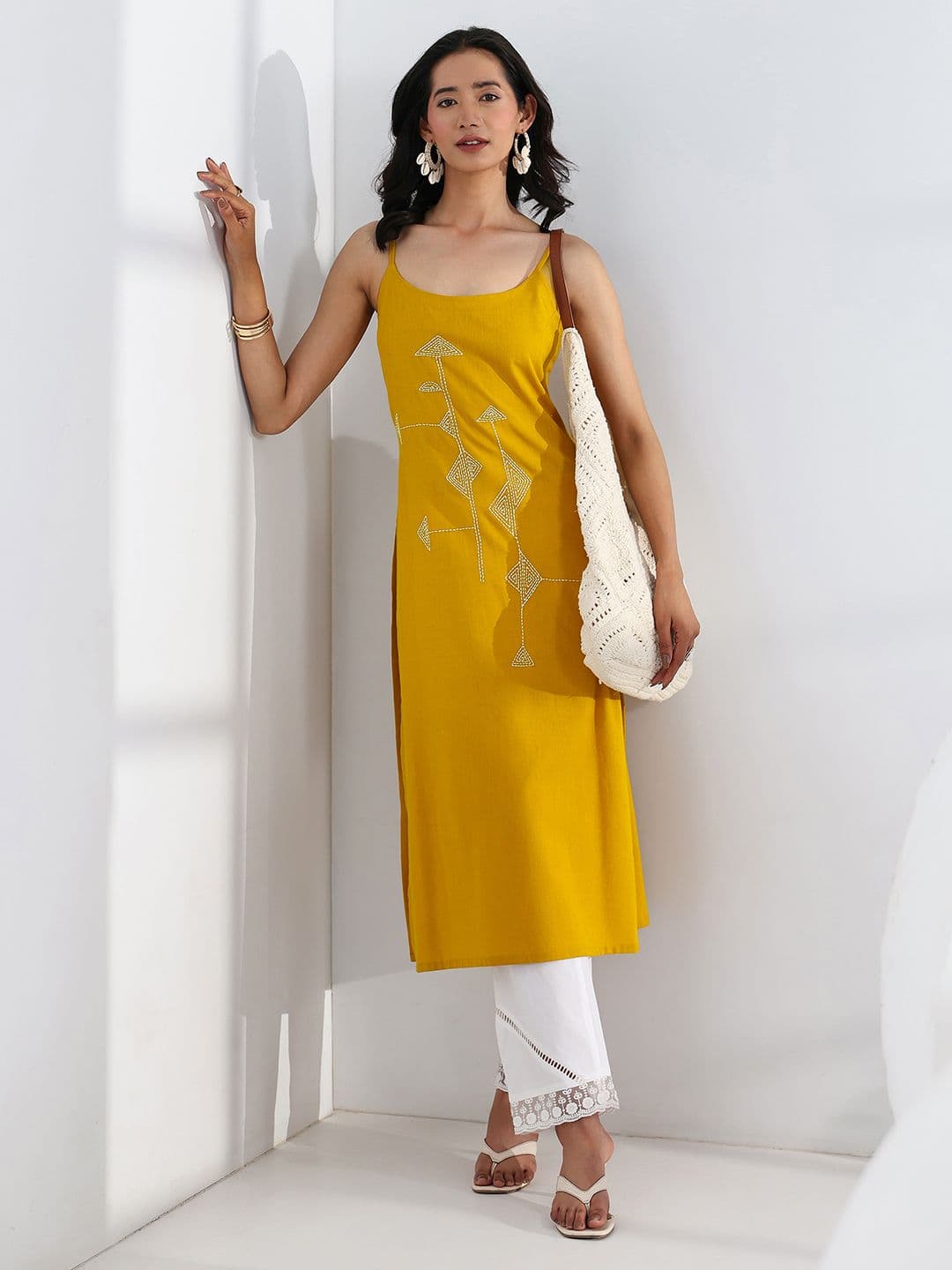 Libas Mustard Geometric Thread Work Straight Kurtas - view 1