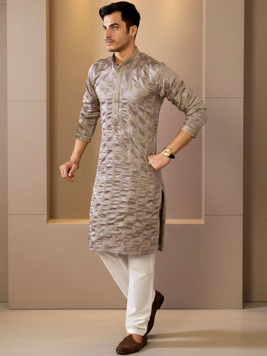INDIROOP Men Abstract Woven Design Mandarin Collar Cotton Kurta - view 1
