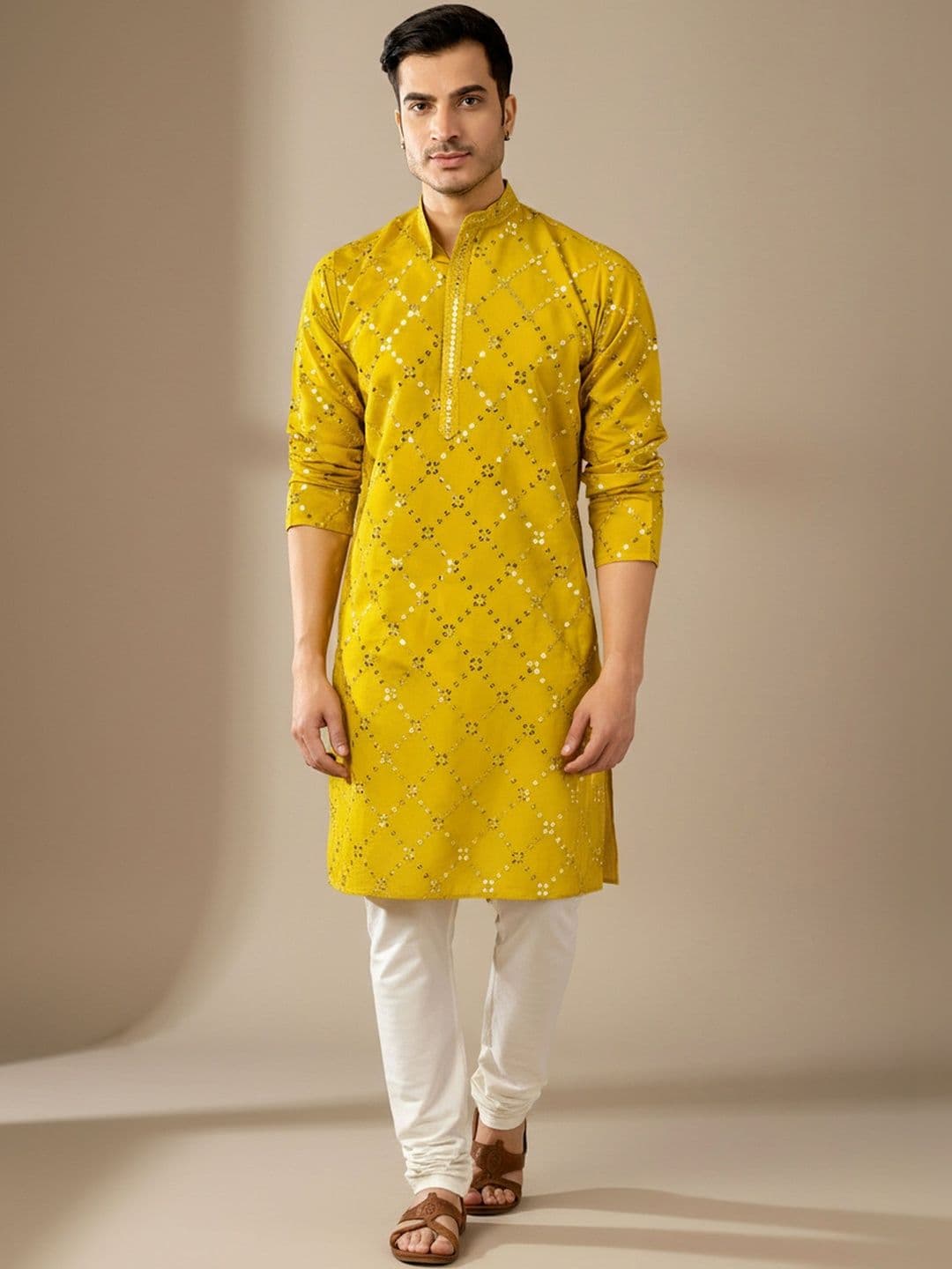 INDIROOP Men Geometric Woven Design Mandarin Collar Regular Sleeves Kurta - view 1